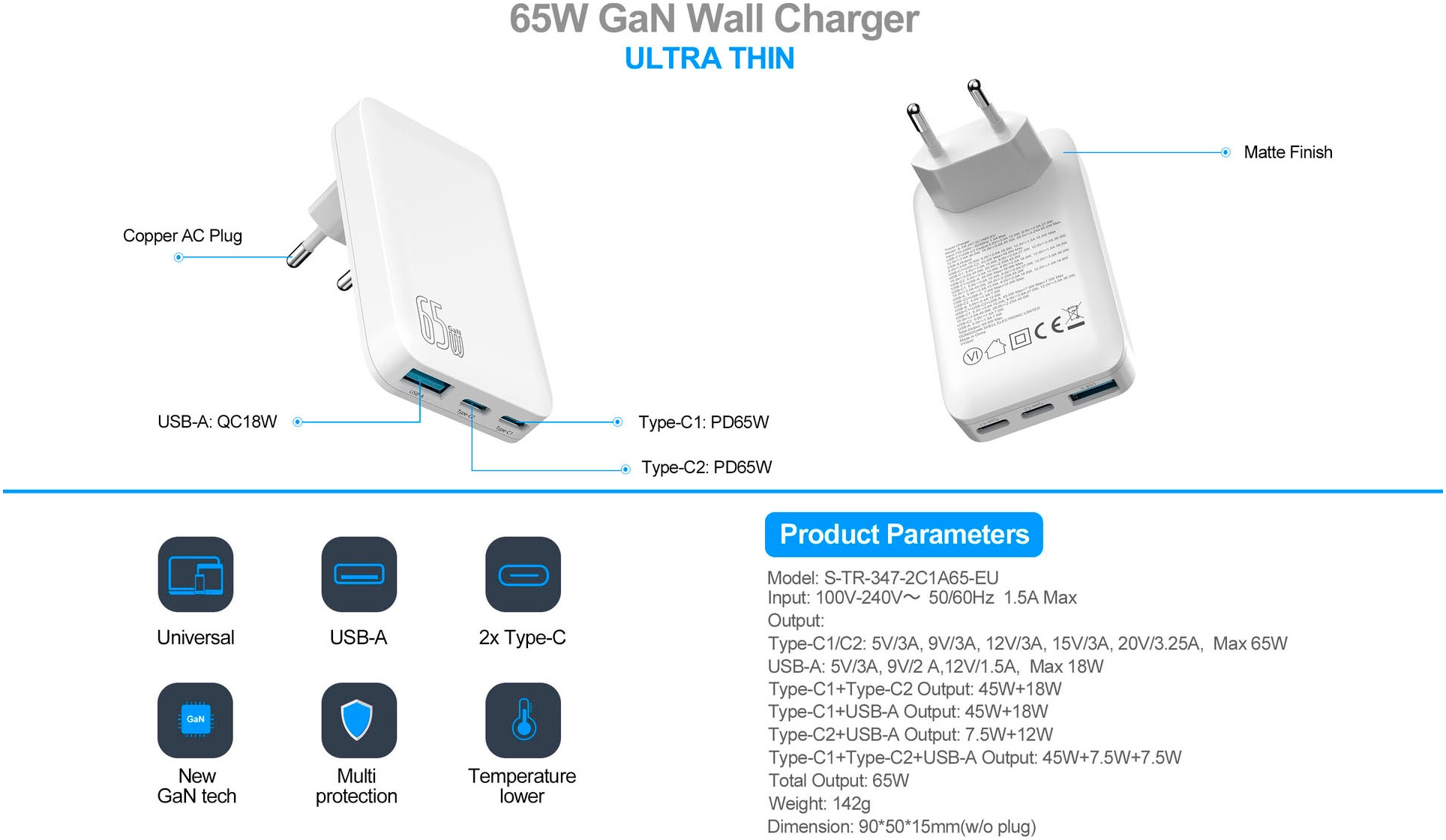 felixx USB-Ladegerät »65W GaN PD SLIM Reiselader 1xUSBA/2xTypC/100W PD Kabel«, Ladegerät, Lader, Charger, Reiseladegerät