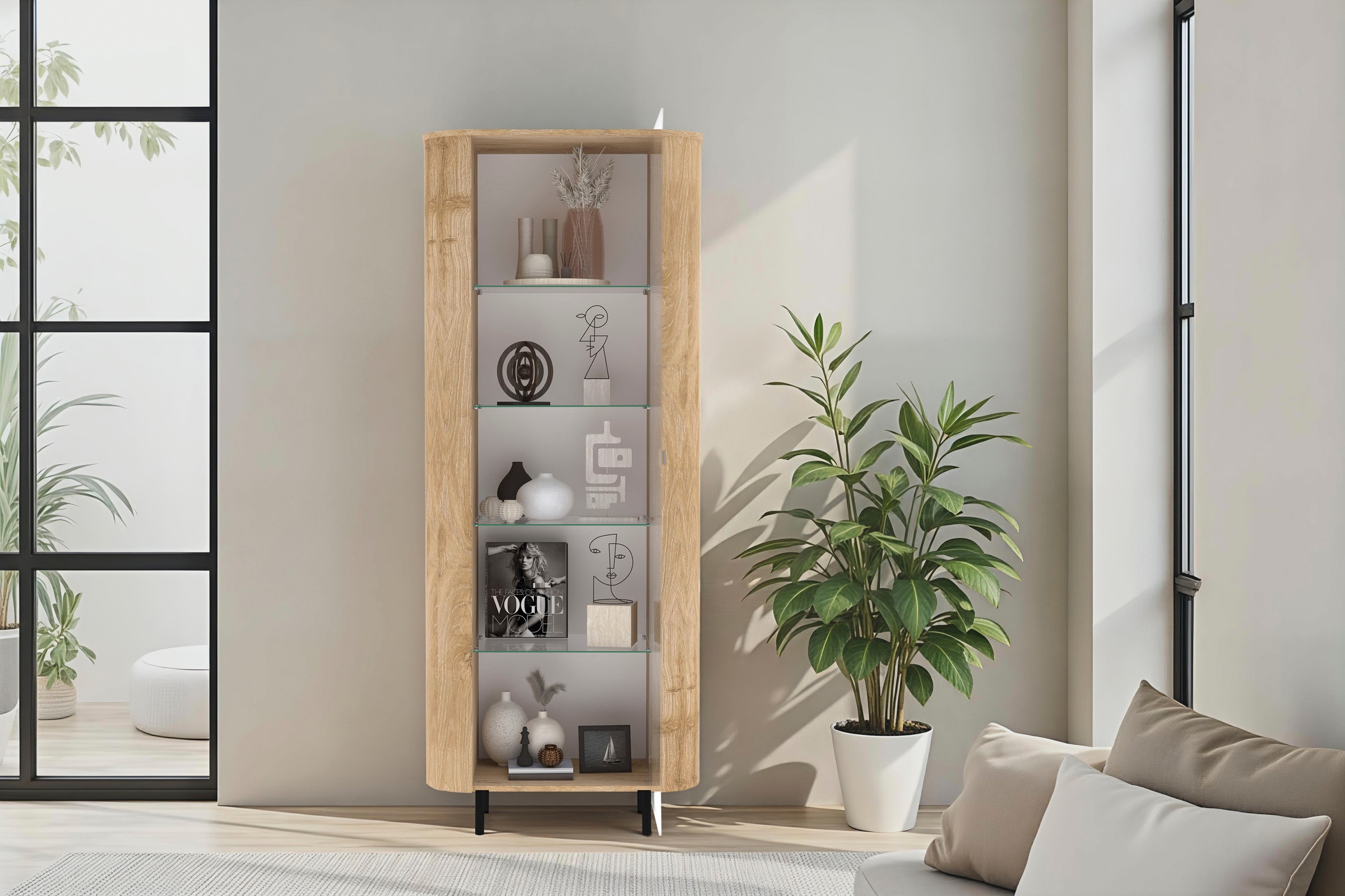 INOSIGN Vitrine »Murano, Standvitrine H 200 cm, B 80 cm, 1 Tür, Vitrinenschrank« Formgebogenes MDF, Stirnseiten mit Rundung, Metallfüße, stilvoll