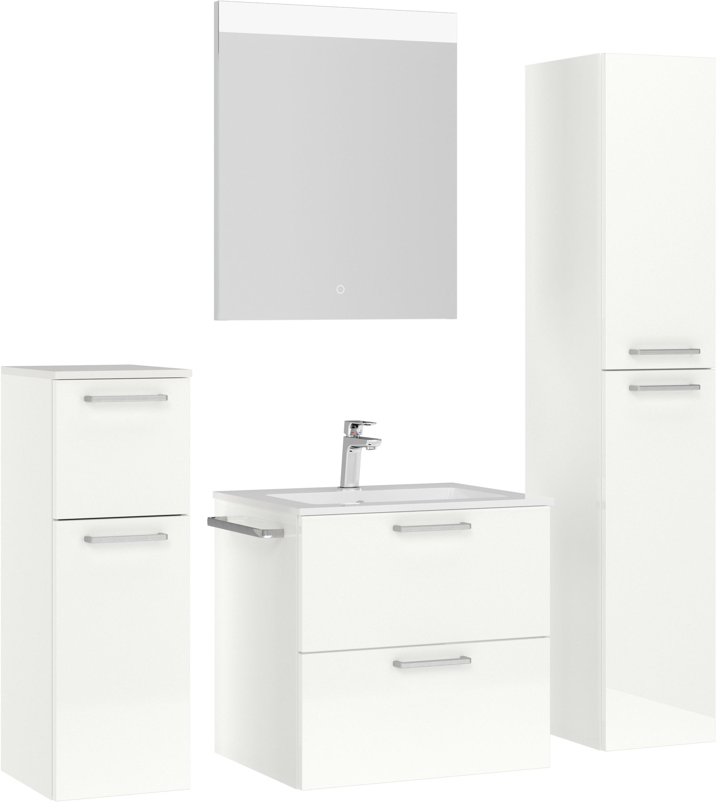 nobilia® Badmöbel-Set »Tolvina«, (4 St., vormontiert, mit Soft-Close), Hochglanz, inkl. Spiegel mit Touch-Sensor, in vier Breiten