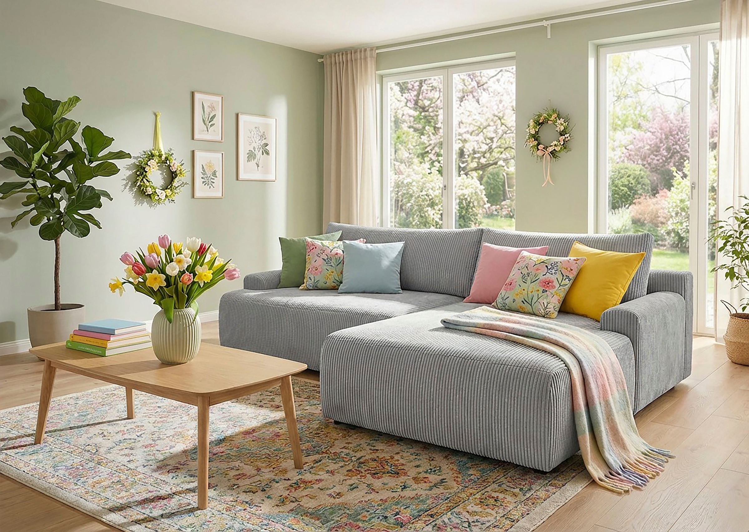 TRENDMANUFAKTUR Ecksofa "Prag, Schlafsofa mit Bettkasten, Couch in L-Form, Breite 253 cm" in Cordstoff HYPER, betongrau, Recamiere rechts