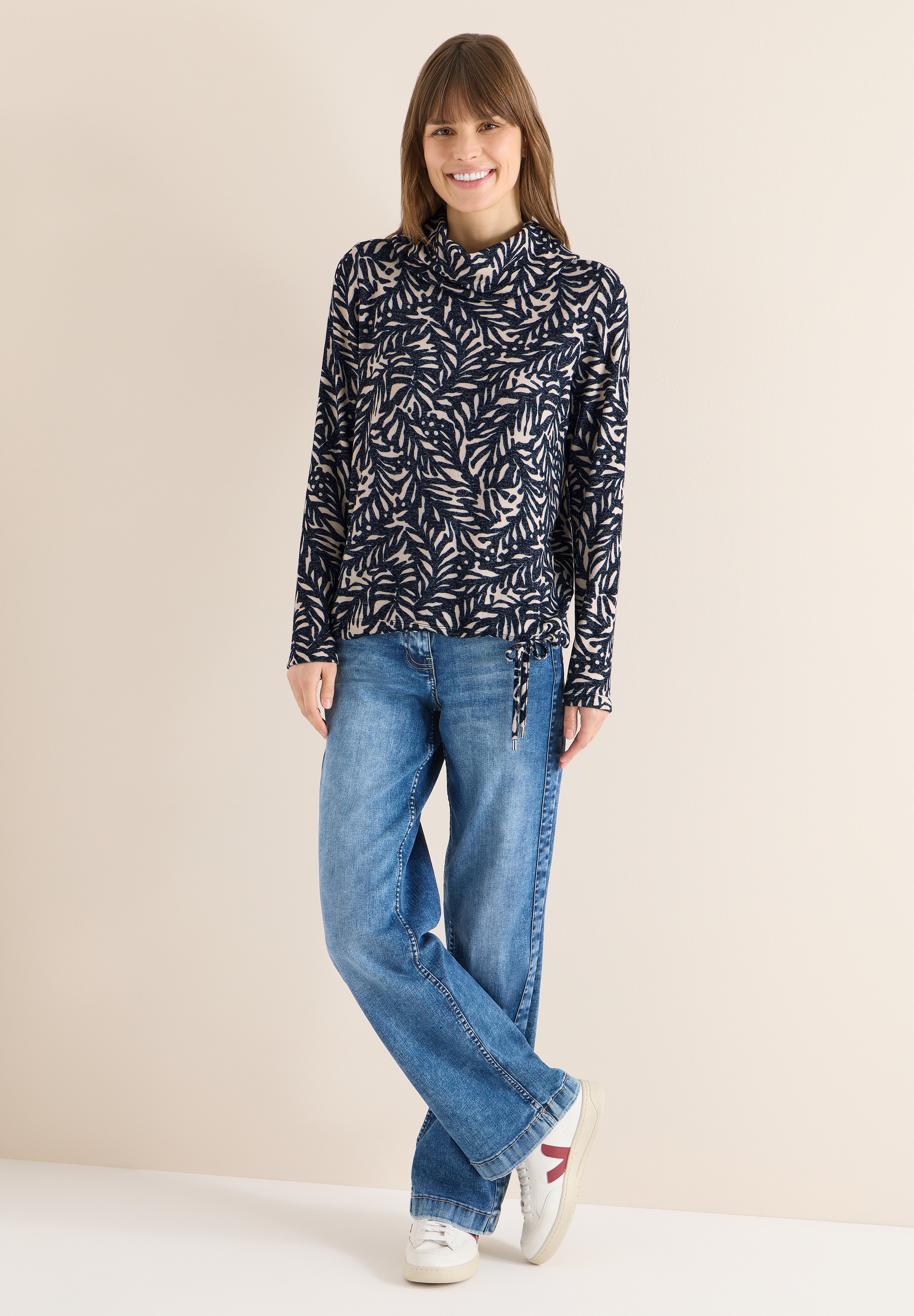 Langarmshirt CECIL, Damen, Gr. XXL (46), universal blau melange, Stoff, 67% Viskose, 28% Polyester, 5% Elasthan, gemustert, comfort fit normal, Rundhals, normaler Saum, Shirts Langarmshirt, mit Schalkragen 3