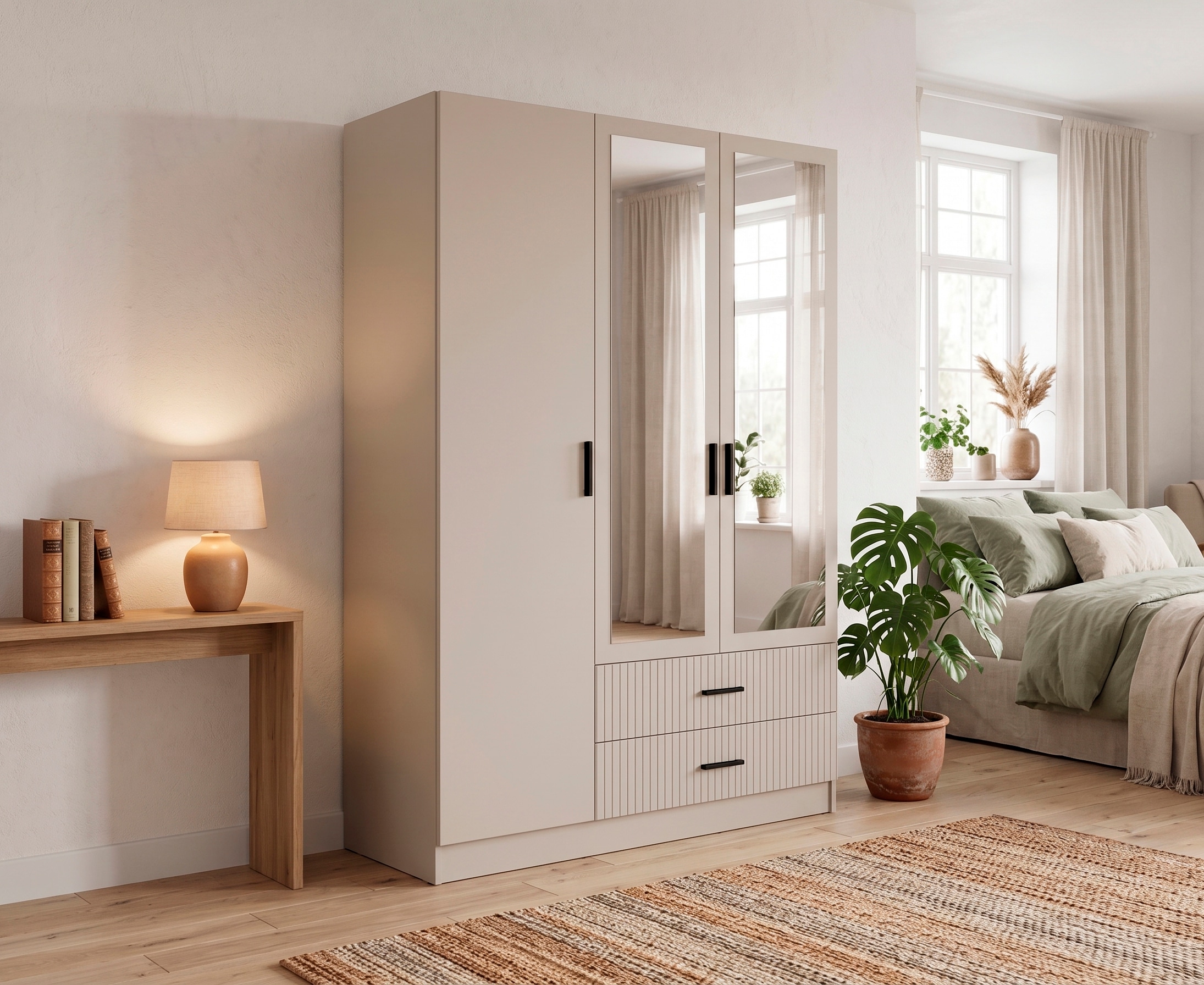 OTTO home Kleiderschrank »TERRIK,  modern mit viel Stauraum & geriffelter Struktur, Spiegel« B/H/T ca.  150/200/60 cm,  Garderobe mit 6 Fächern, Kleiderstange, 2 Schubladen, Made in EU