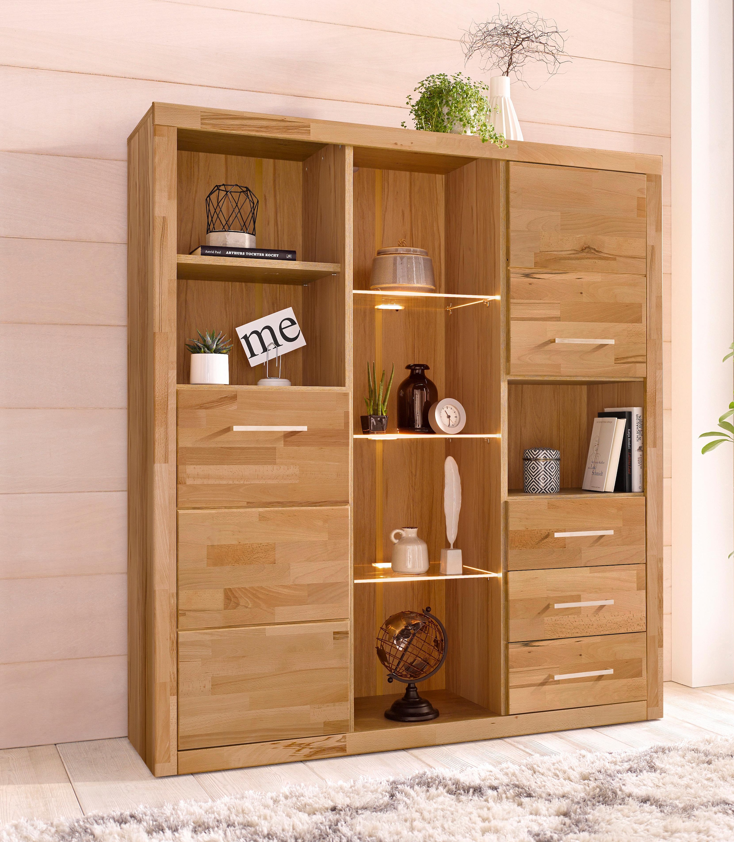 OTTO home Highboard "Ribe,130cm breit145cm hoch,Fronten Massivholz,12 Fächer" Korpus aus Holzwerkstoff, Metall Griffe,Böden versetzbar