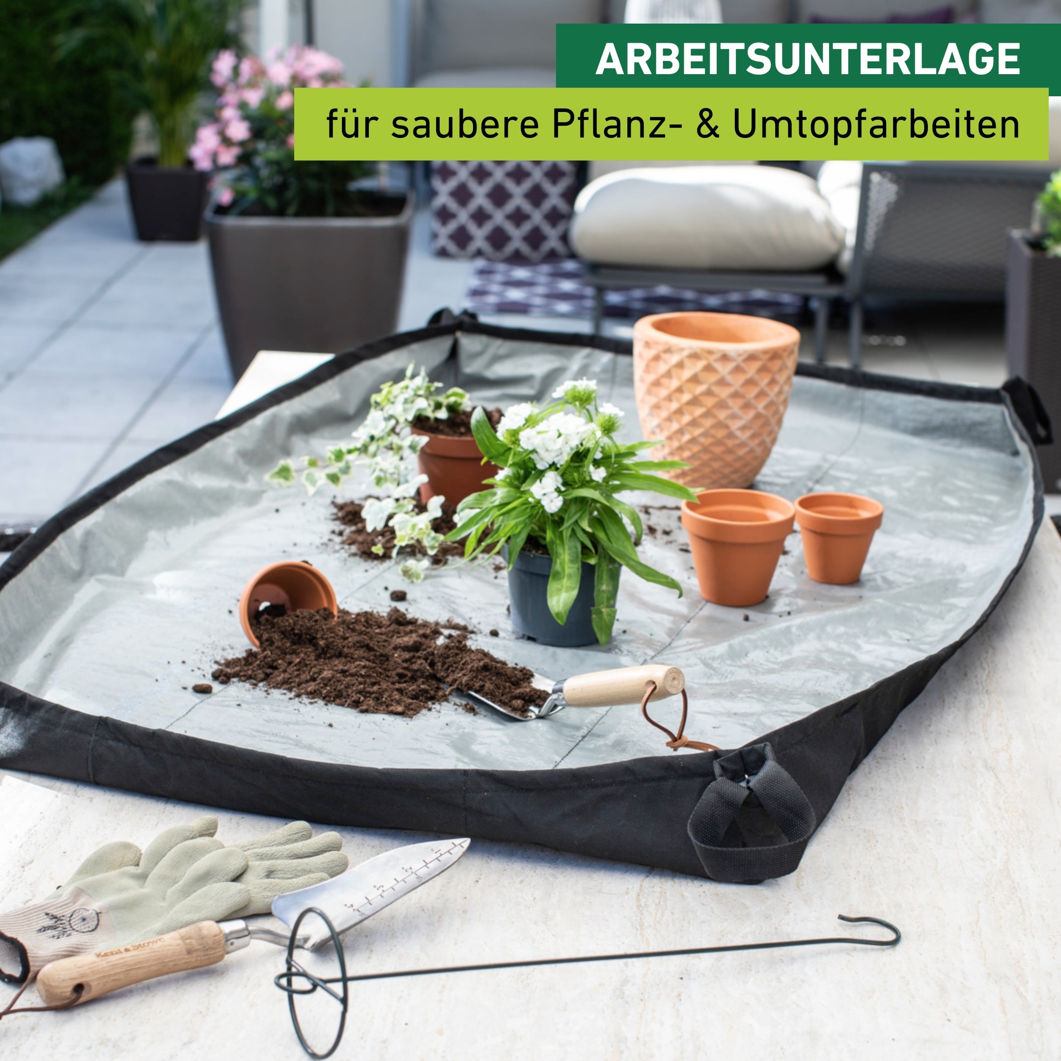 Windhager Schutzplane »für umtopfen der Pflanzen, Umtopfmatte aus Vlies« wasserabweisend, ab klappbare Ränder, 150x100 cm, grau