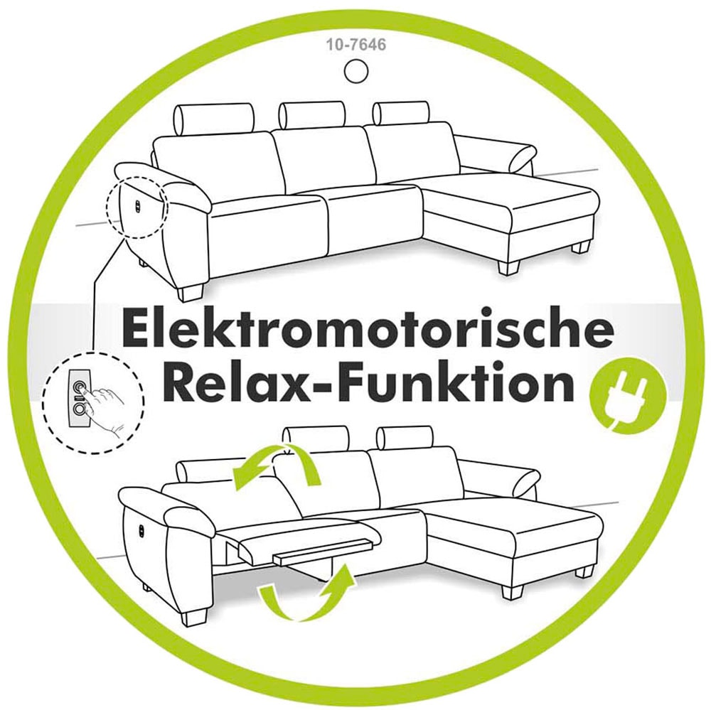 Jockenhöfer Gruppe Ecksofa »Chillout, L-Form, B: 288cm, elektr. Relaxfunktion im Sitz und Ottomane« 140kg Belastbarkeit je Sitz, verstellbaren Kopfstützen & Zierkissen
