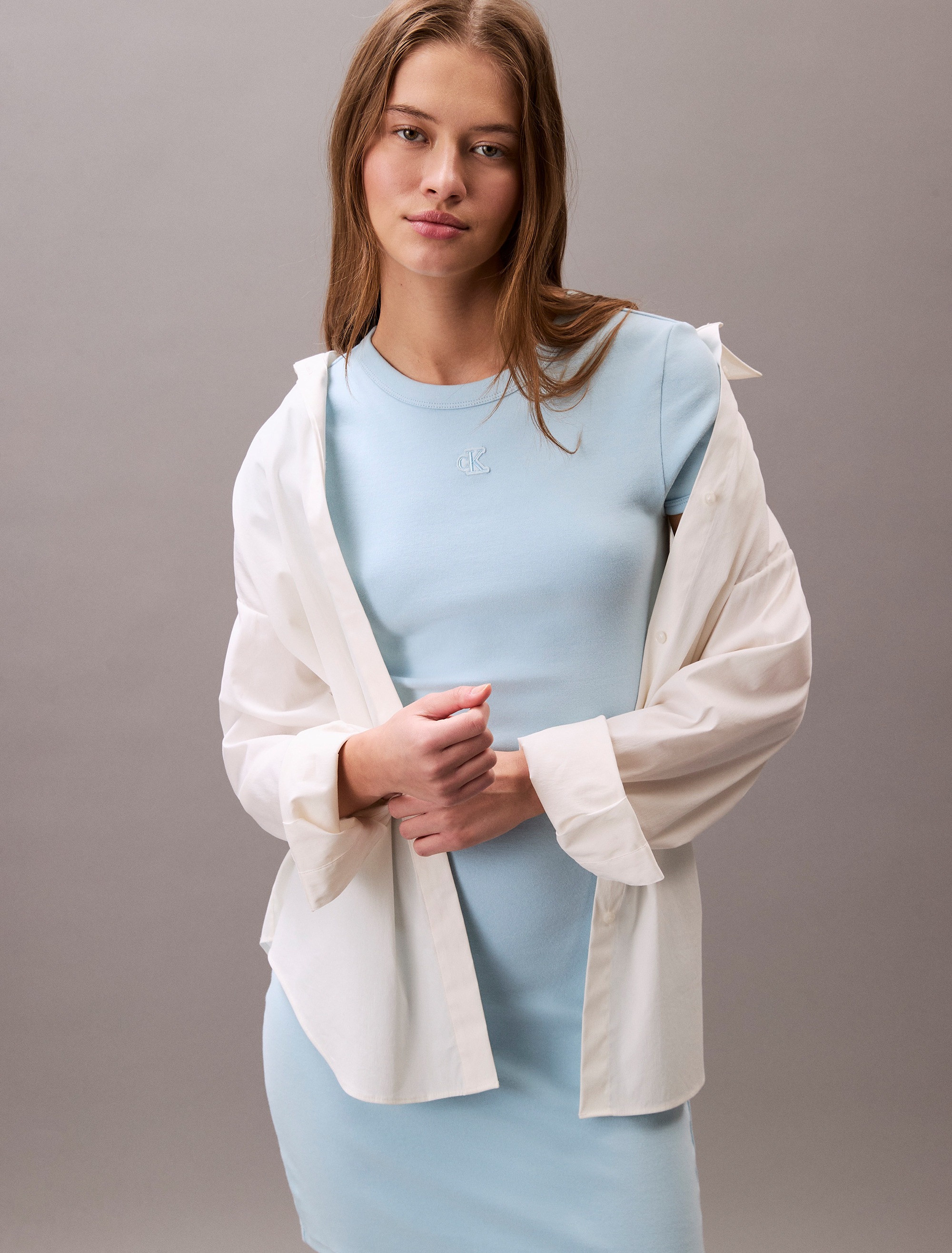 Calvin Klein Jeans Jerseykleid "SS CTN CNTR 1X1 RB S" Ohne Taschen Mit Rund günstig online kaufen