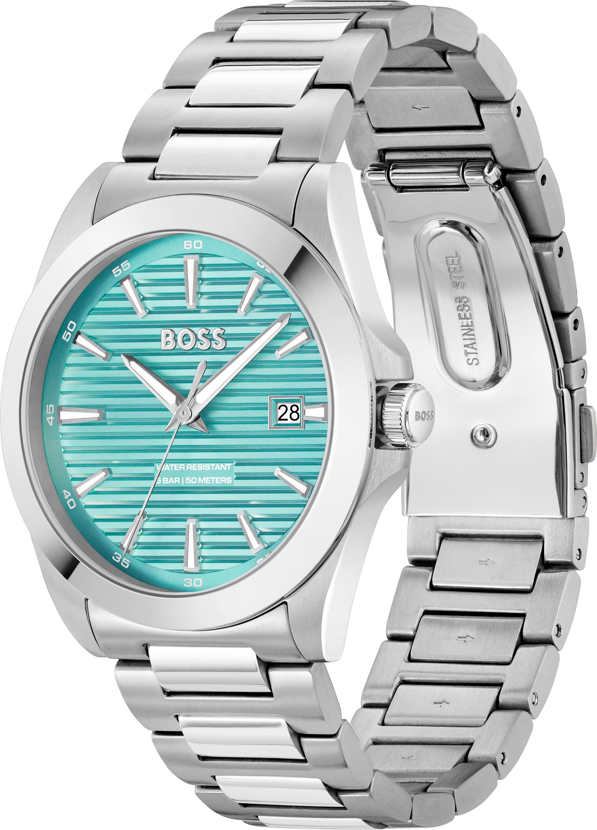 BOSS Quarzuhr »STRIKE«, Armbanduhr, Damenuhr, Herrenuhr, Edelstahlarmband, analog, Tag