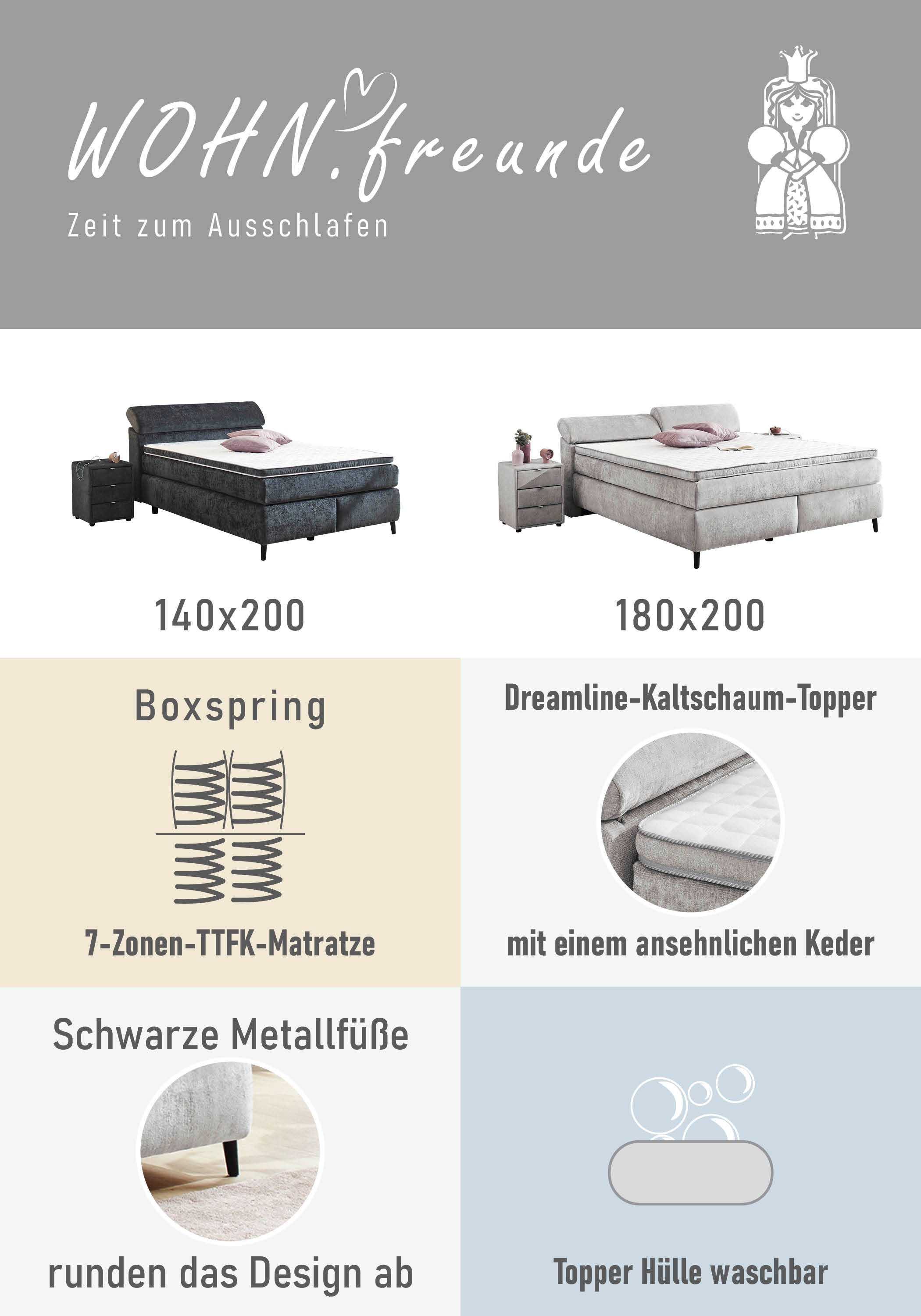 Jockenhöfer Gruppe Boxspringbett »Diva, inkl. 7-Zonen-TTFK-Matratze«, Kopfteil höhenverstellbar, KS-Topper