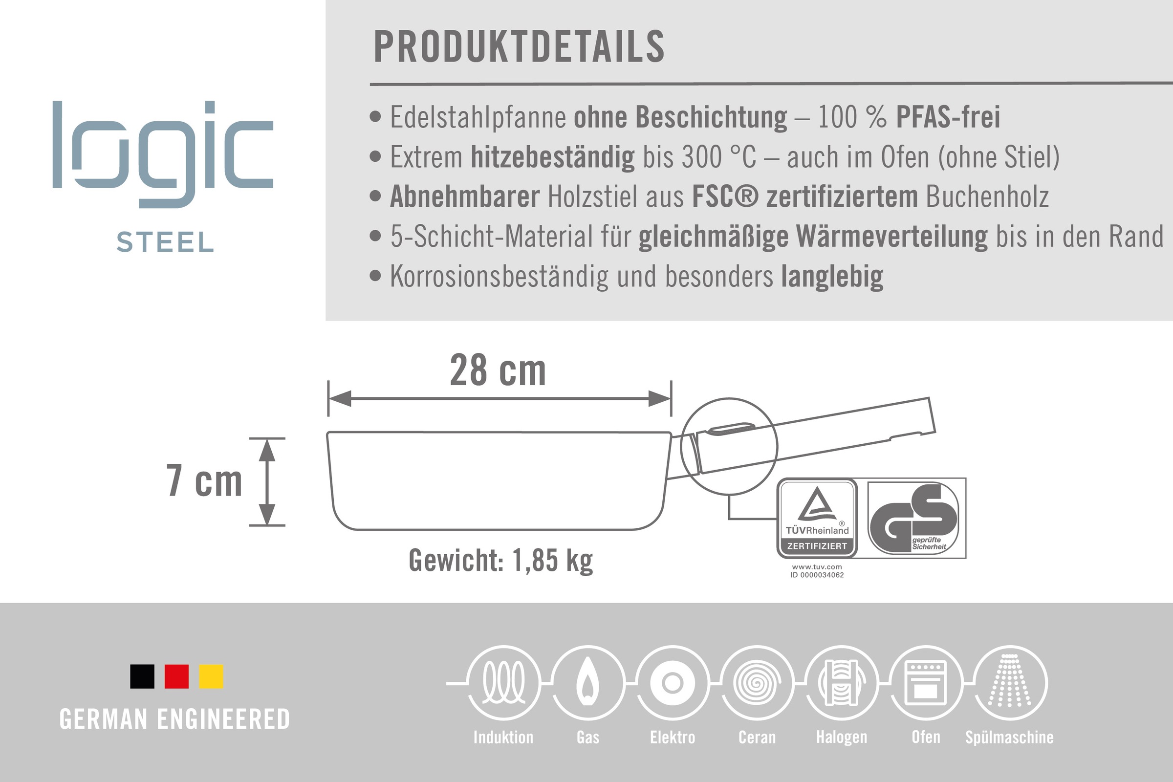 WOLL Schmorpfanne »Logic Steel«, Edelstahl 18/10, (1 tlg.), 5-Schicht-Aufbau