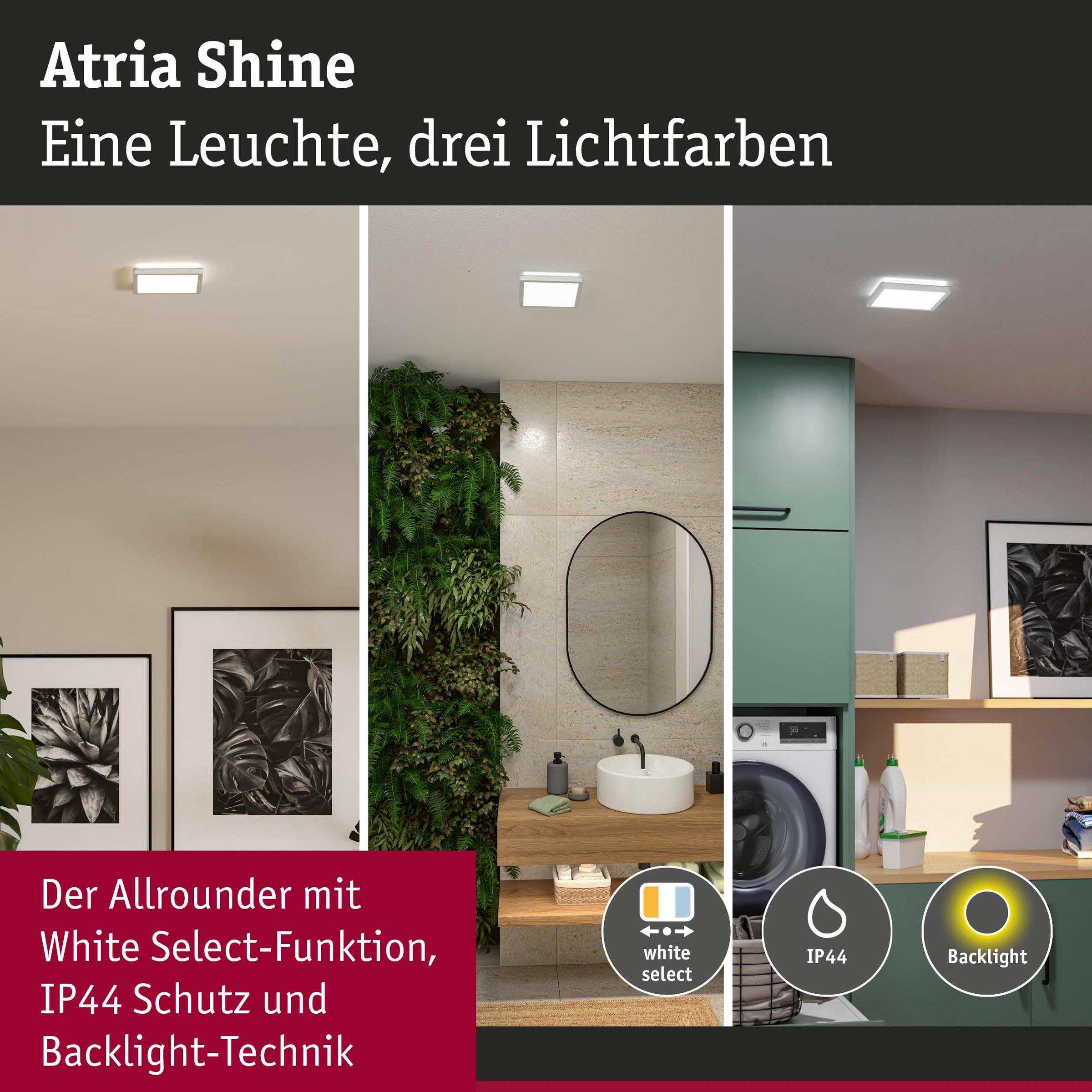 Paulmann LED Panel »Atria Shine IP44 eckig 190x190mm 8W 1160lm 3000 - 6500K« LED-Modul 1 Stk. Tageslichtweiß Farbwechsler