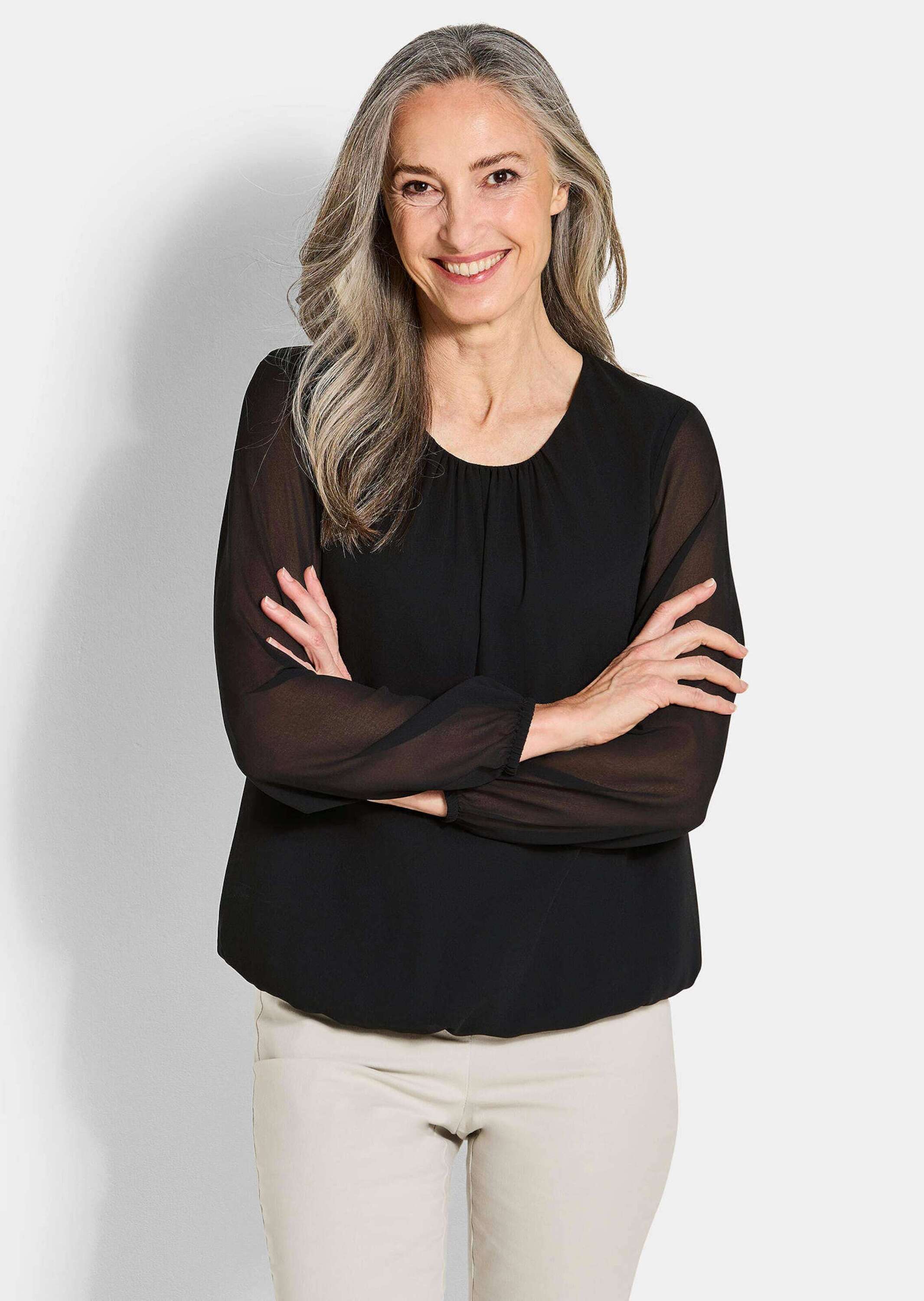 Thumbnail - GOLDNER Klassische Bluse "Kurzgröße Elegante Bluse aus Chiffon" Rundhalsausschnitt