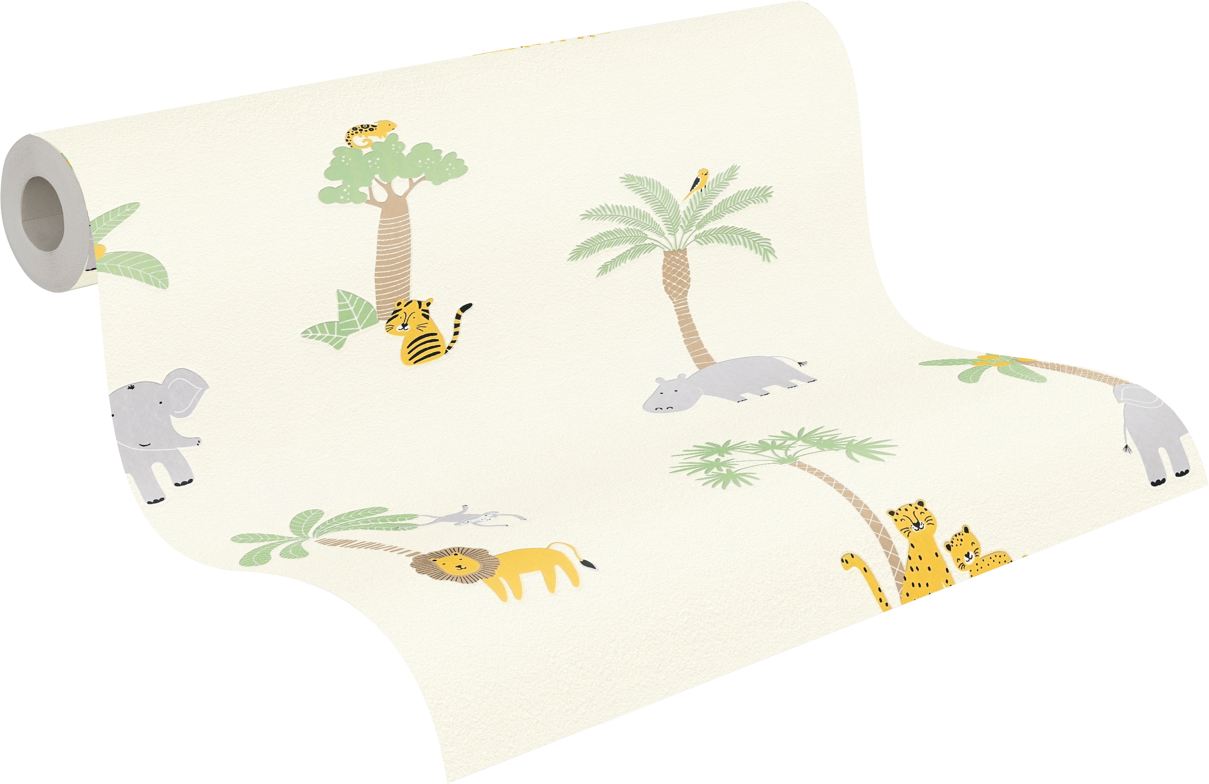 living walls Vliestapete »Kids Studio Safari – Tier Vliestapete für Kinder« Motiv | grafisch | naturalistisch glatt Safari-Tiere mit Elefanten, Tigern und Palmen
