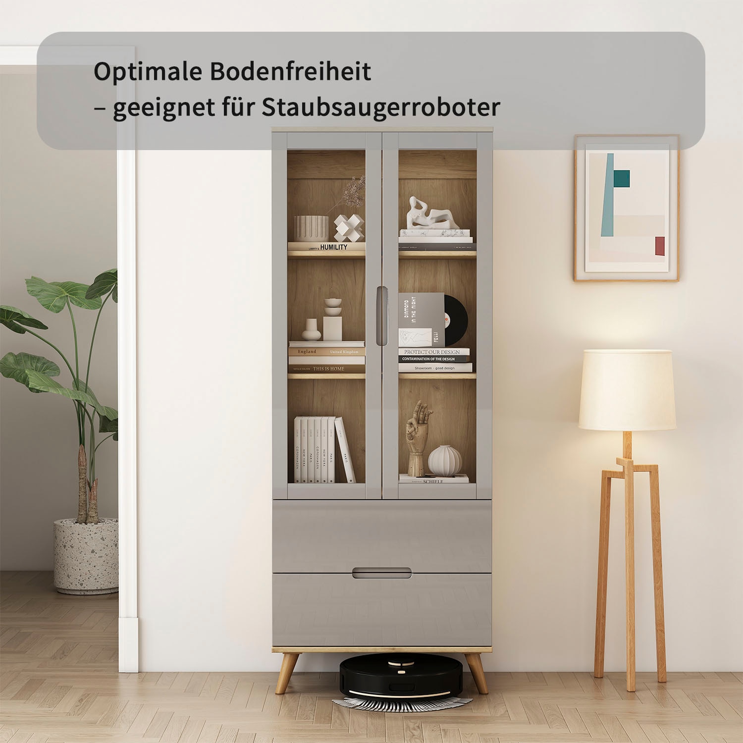 OTTO home Highboard »Lund« mit glänzenden Fronten, Glastüren, helles Holzdekor, Breite 70 cm
