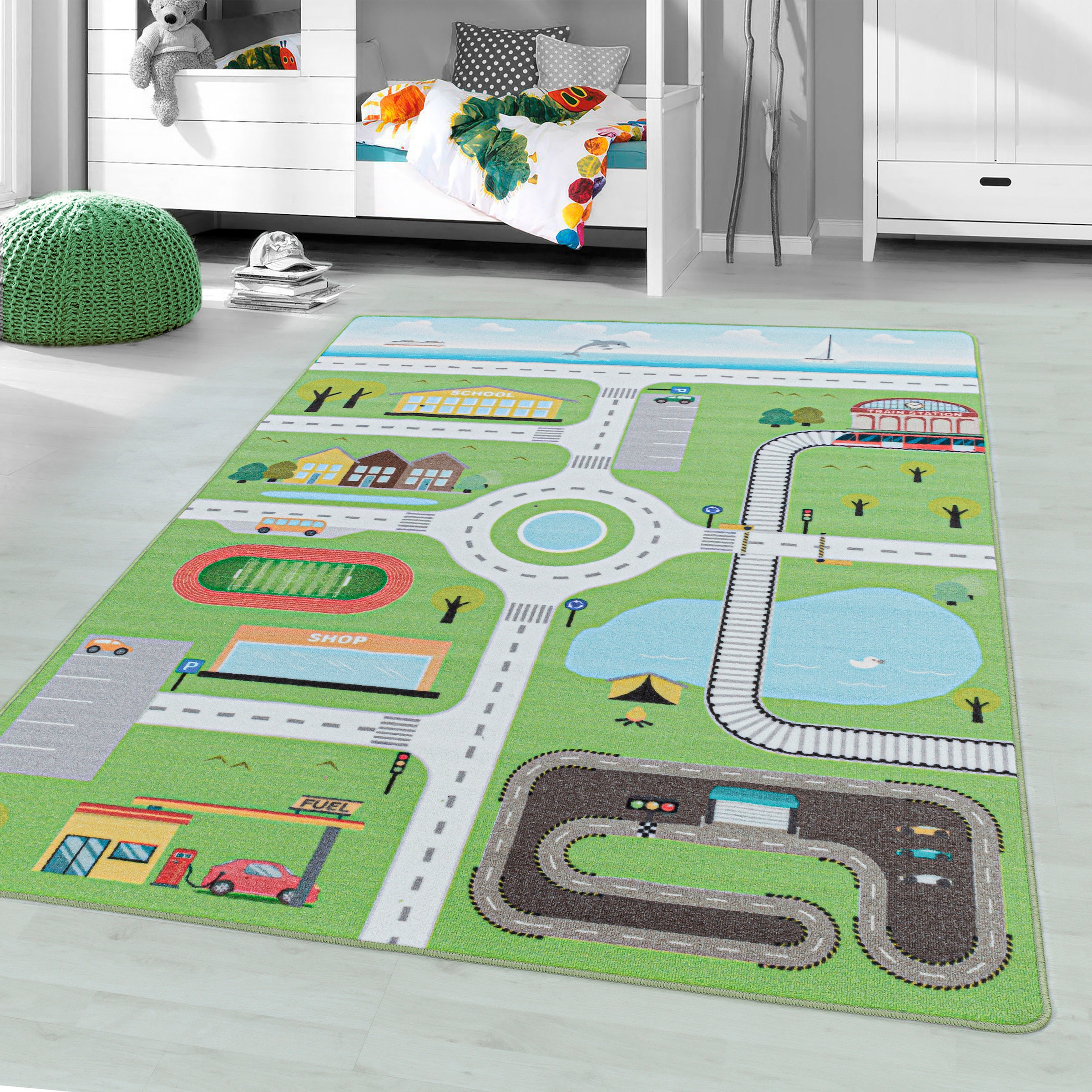 Kinderteppich AYYILDIZ TEPPICHE "PLAY 2902", grün, B:140cm H:6mm L:200cm, Polyamid, Teppiche, Kinderteppich, robuster Kurflor, Straßen Spiel Teppich, Kinderzimmer