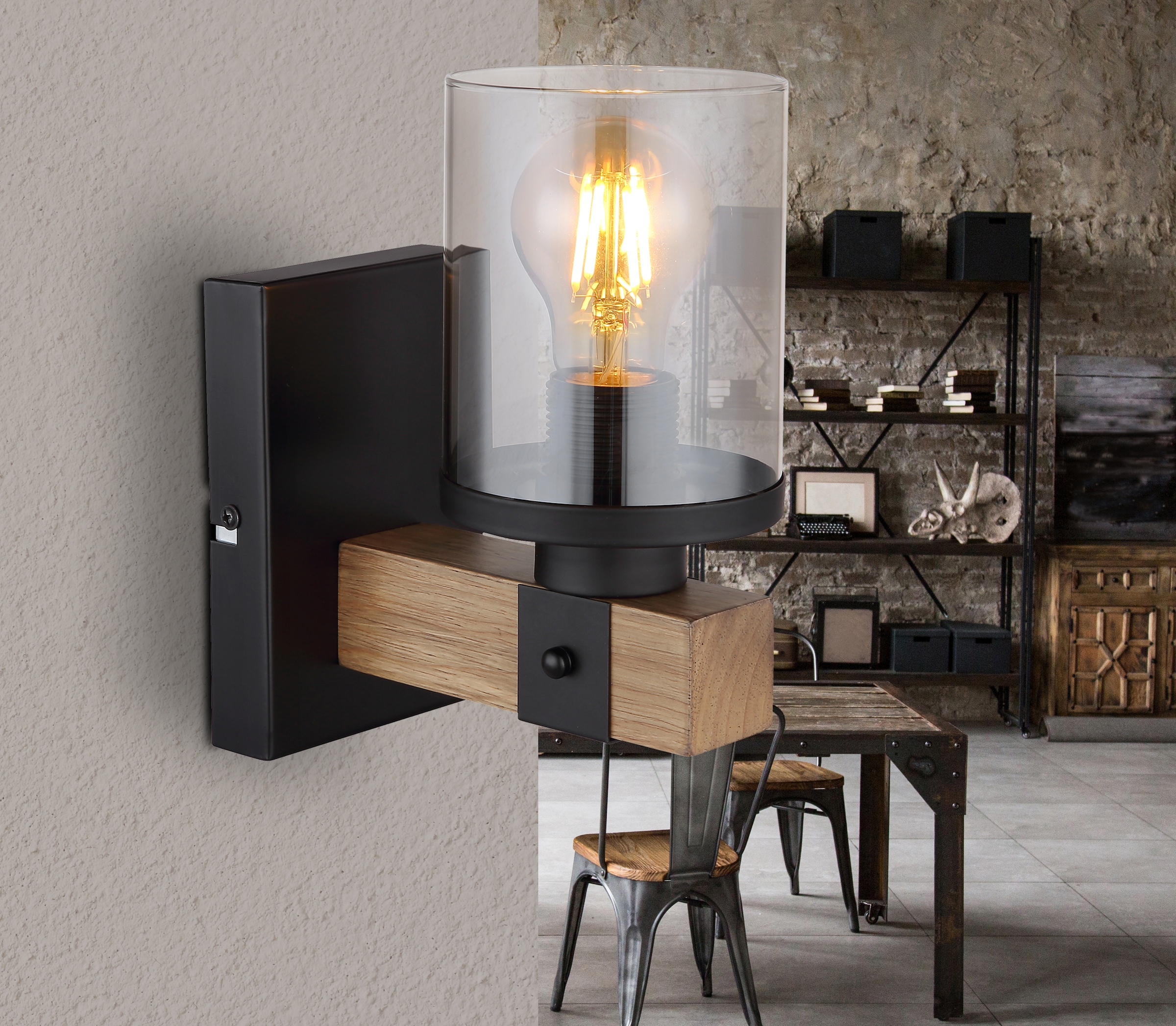 GLOBO LIGHTING Wandleuchte »LILA« E27 1 Stk. Wandleuchte Schwarz/Holz, Rauchglas, Licht aufwärts, E27