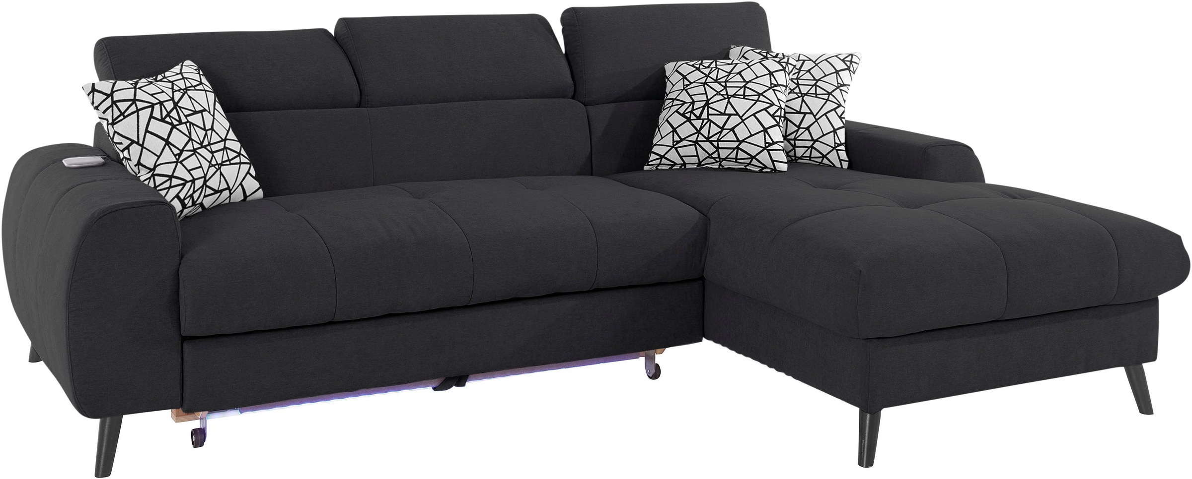 COTTA Ecksofa »Mia L-Form mit 3 Zierkissen«, wahlweise mit Bettfunktion, Bettkasten, Beleuchtung & Wireless-Charger