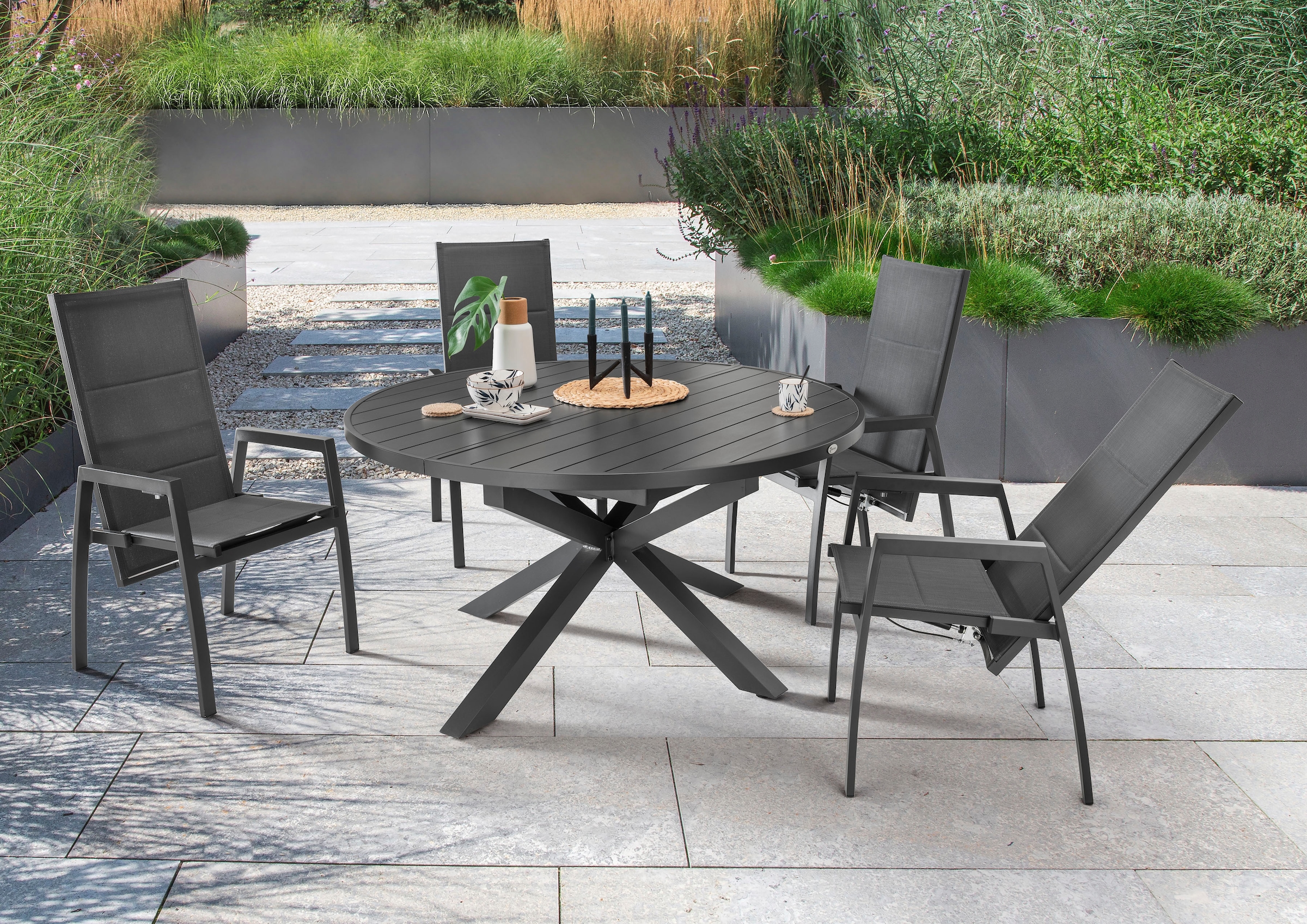 Destiny Garten-Essgruppe "COSTA HL ARONA 4 HL+ Ausziehtisch Ø145/199cm, anthrazit" 5 Stk. tlg. Aluminium, Textilene