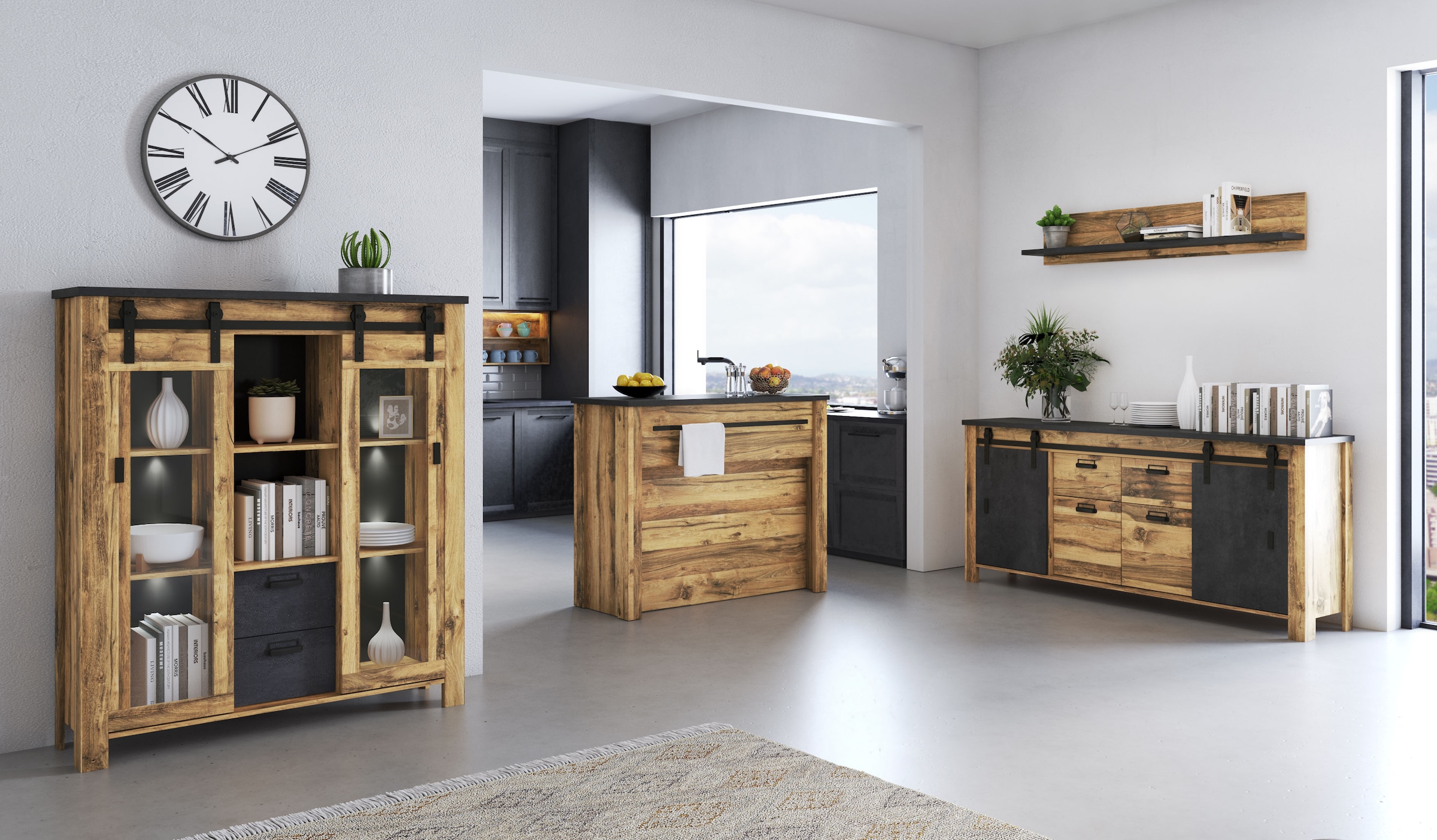Home affaire Highboard »York, moderner Hochschrank, Vitrine in Hunton Oak, Industrialdesign«, mit Scheunentorbeschlägen & Apothekergriffen aus Metall, 150 cm hoch