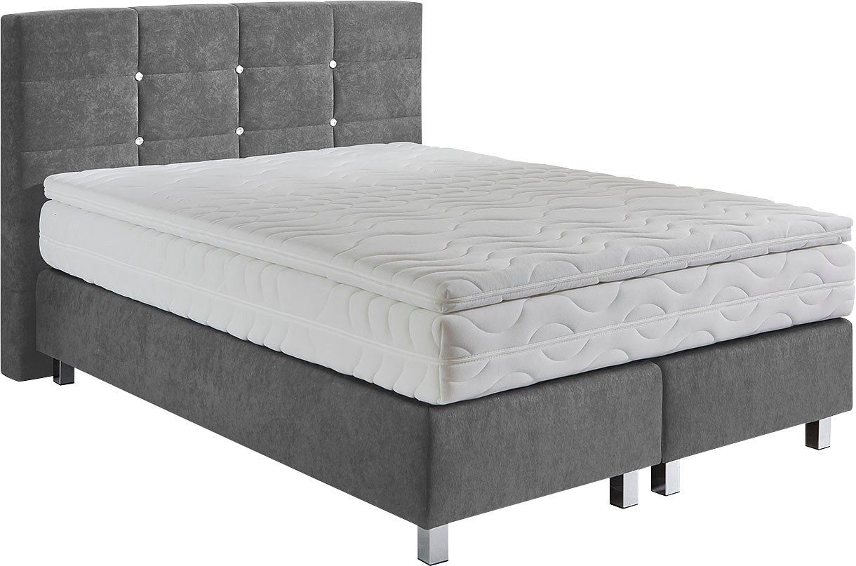 Boxspringbett, grau, B:155cm L:210cm, Bezug: Microvelours 100% Polyester;Polsterung: 100% Polyester, WESTFALIA SCHLAFKOMFORT, Komplettbetten, Boxspringbett, mit Knöpfen in Kristalloptik, wahlweise mit Topper