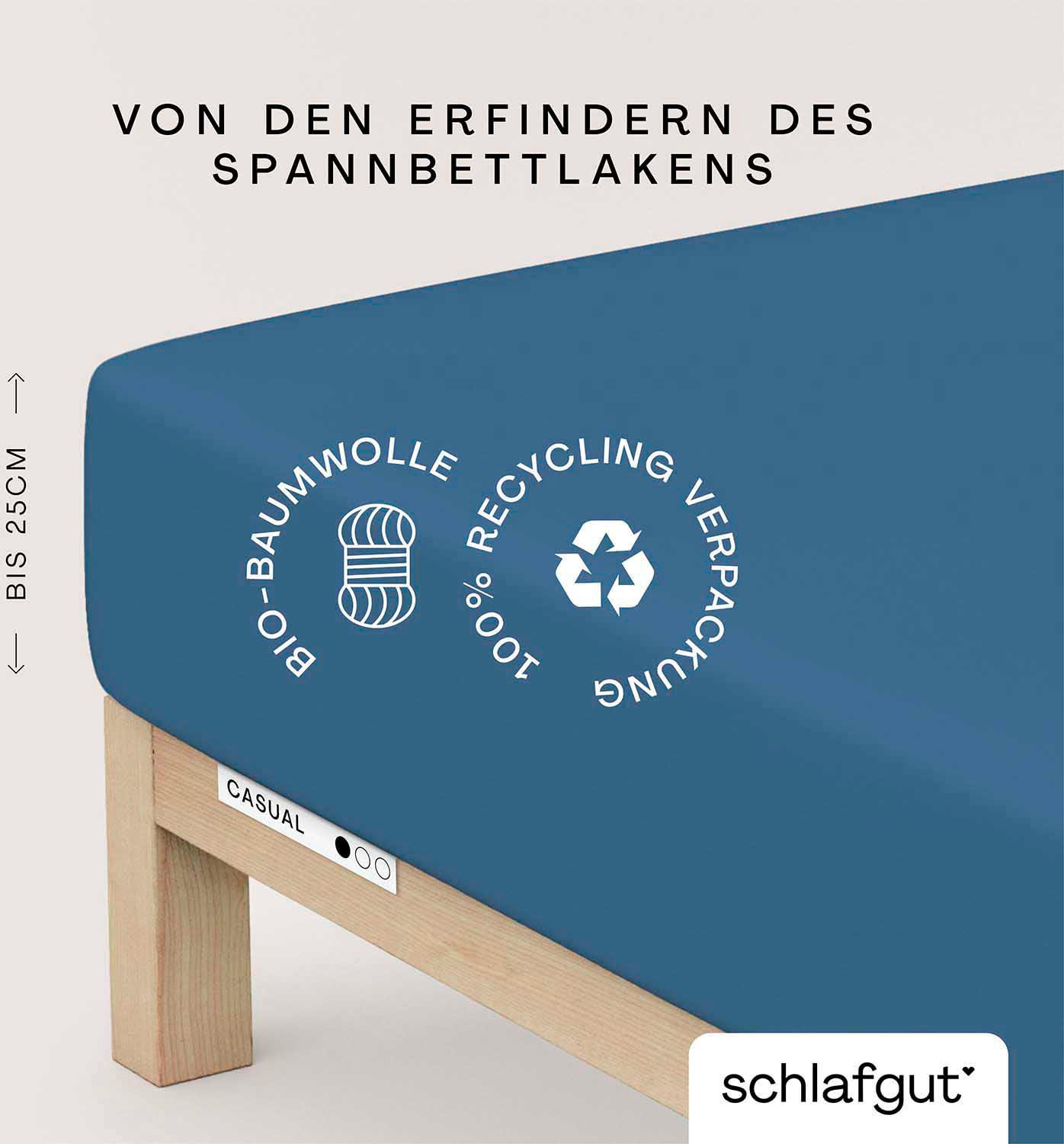 Schlafgut Spannbettlaken "CASUAL Bettlaken 100% gekämmte Bio-Baumwolle, 150 g/m², Spannbetttuch" Bettlaken bis 25 cm Höhe, langlebig, weich, Antipilling-Ausrüstung