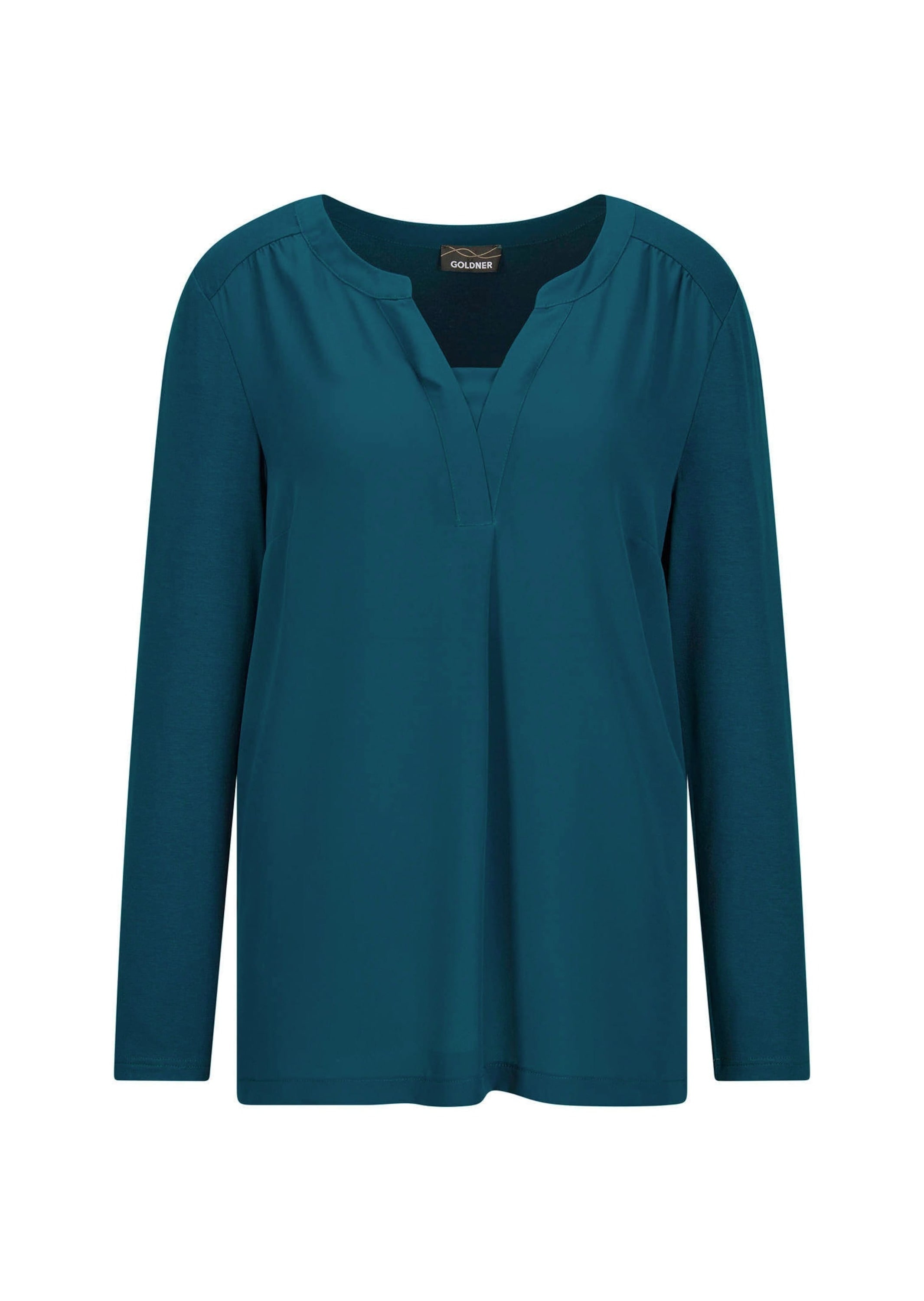 GOLDNER Kurzarmbluse "Kurzgröße Elegantes Chiffonshirt mit Jersey-Details" Schlitz