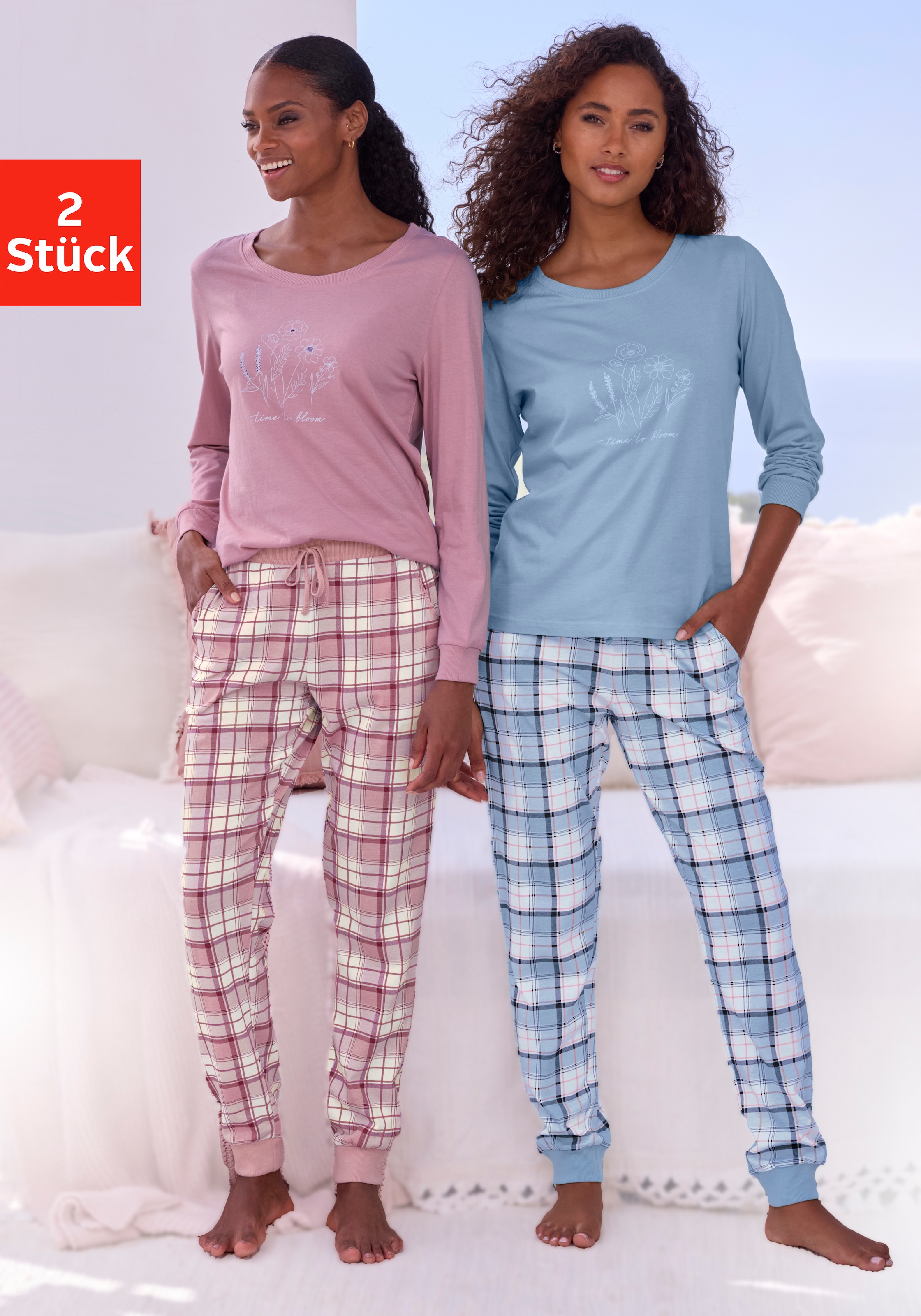 Vivance Dreams Pyjama Set, 2er Pack, Elastische Rippbündchen günstig online kaufen