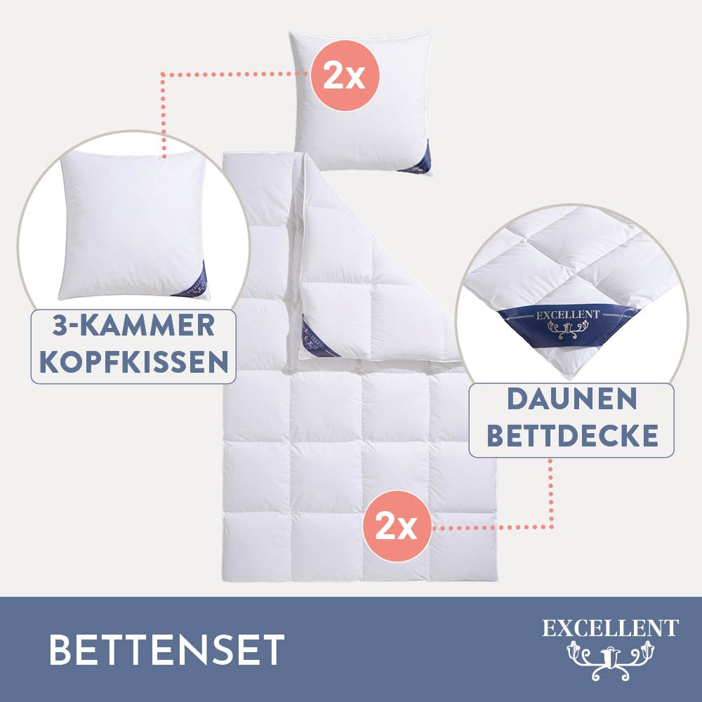 Excellent Daunenbettdecke + 3-Kammer-Kopfkissen »Wien«, (Spar-Set), Bettdecke 135x200 in weitere Größen in 4 Wärmeklassen