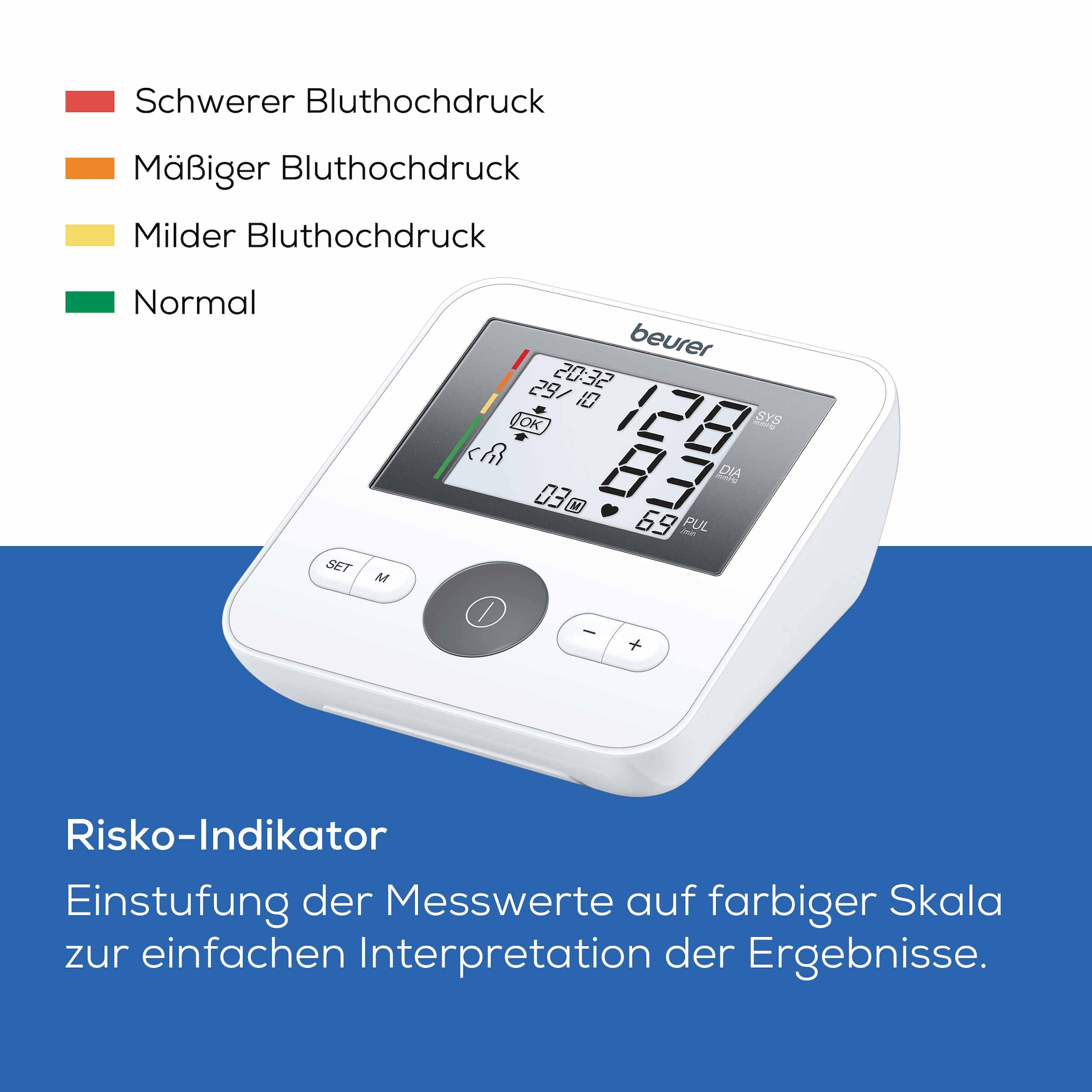 BEURER Oberarm-Blutdruckmessgerät »BM 27 mit Arrhythmie-Erkennung und farbiger Messergebnis-Skala«, Mit Manschetten-Sitzkontrolle und farbiger Messergebnis-Skala