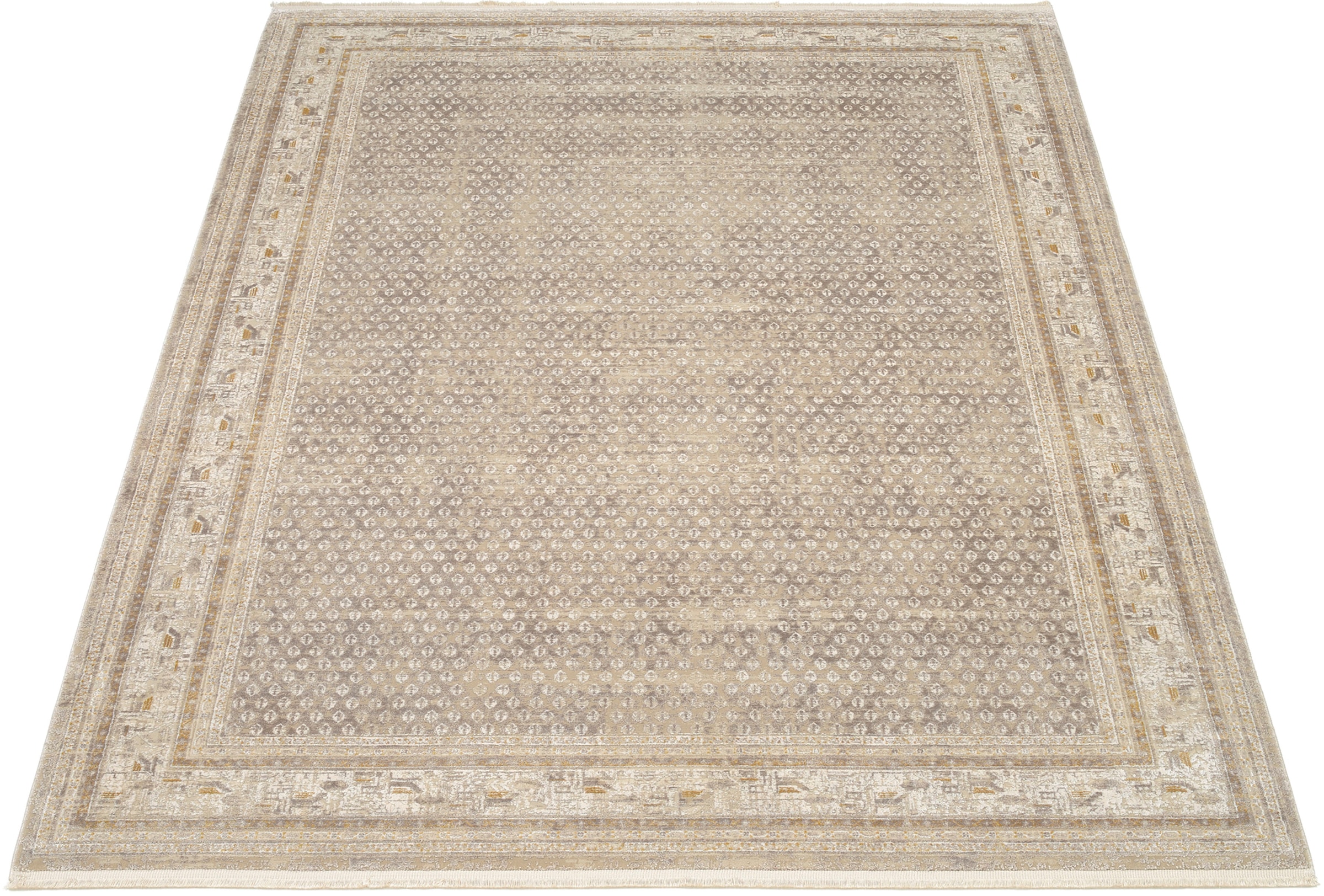 Teppich OCI DIE TEPPICHMARKE "BESTSELLER MIRI", beige (beige, goldfarben), B:240cm H:8mm L:340cm, Polyacryl, Viskose, Teppiche, Teppich, Glanz Viskose, mit Fransen, Hoch Tief Struktur, Vintage, Wohnzimmer