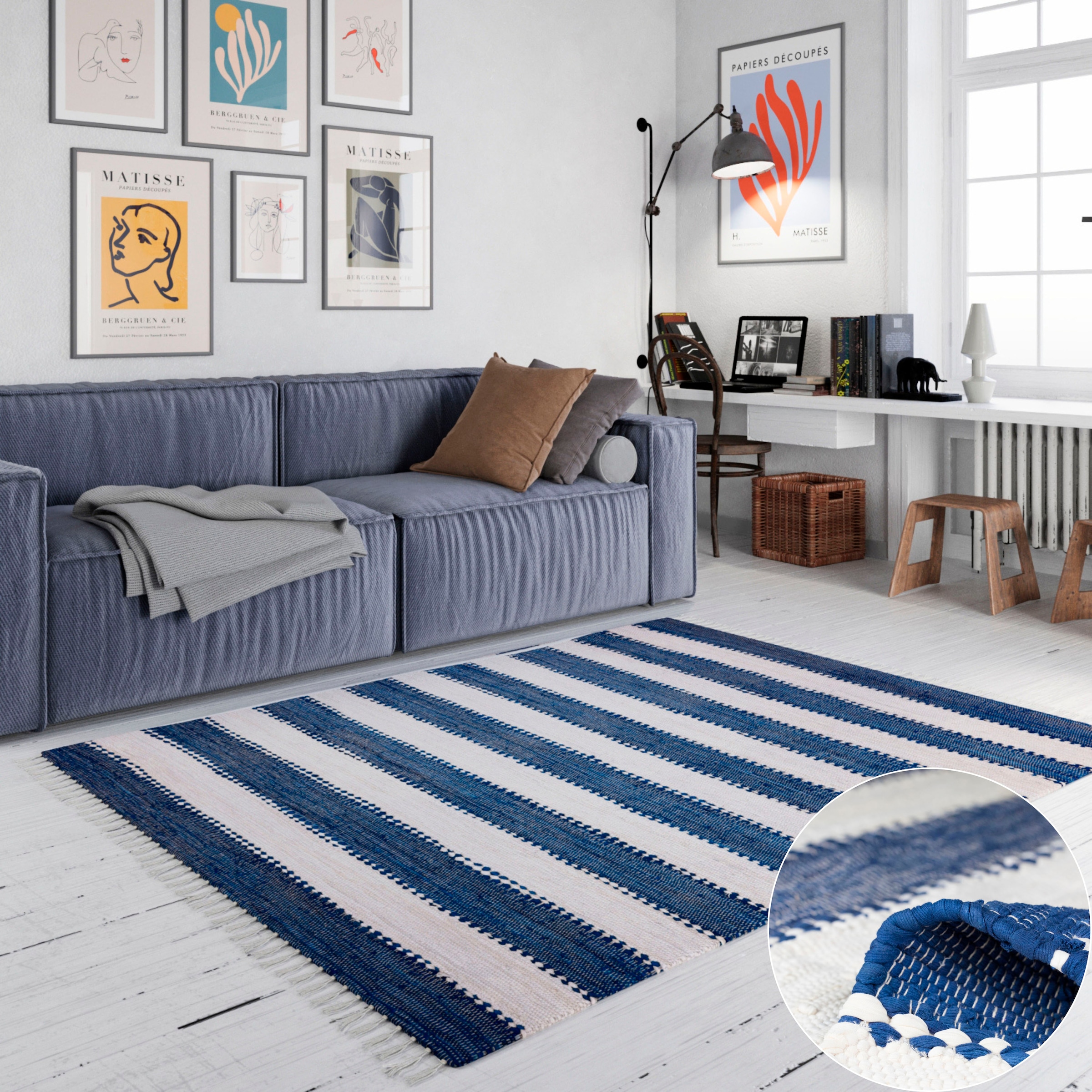 Teppich OTTO HOME "Benja", blau (blau, weiß), B:60cm H:10mm L:110cm, Baumwolle, Polyester, Teppiche, Teppich, Handweb Teppich, gestreift, 90% Baumwolle, handgewebt, mit Fransen