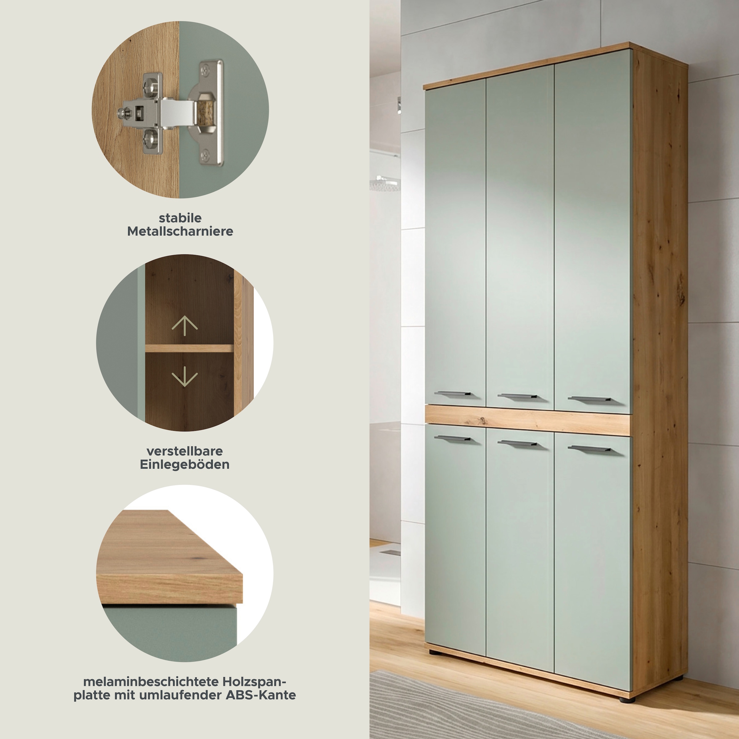 welltime Hochschrank »LUCCA, Breite 90cm, 6 Türen, 10 Fächer, 6 Einlegeböden« Badschrank, Badmöbel, Badezimmer, Universalschrank, Mehrzweckschrank