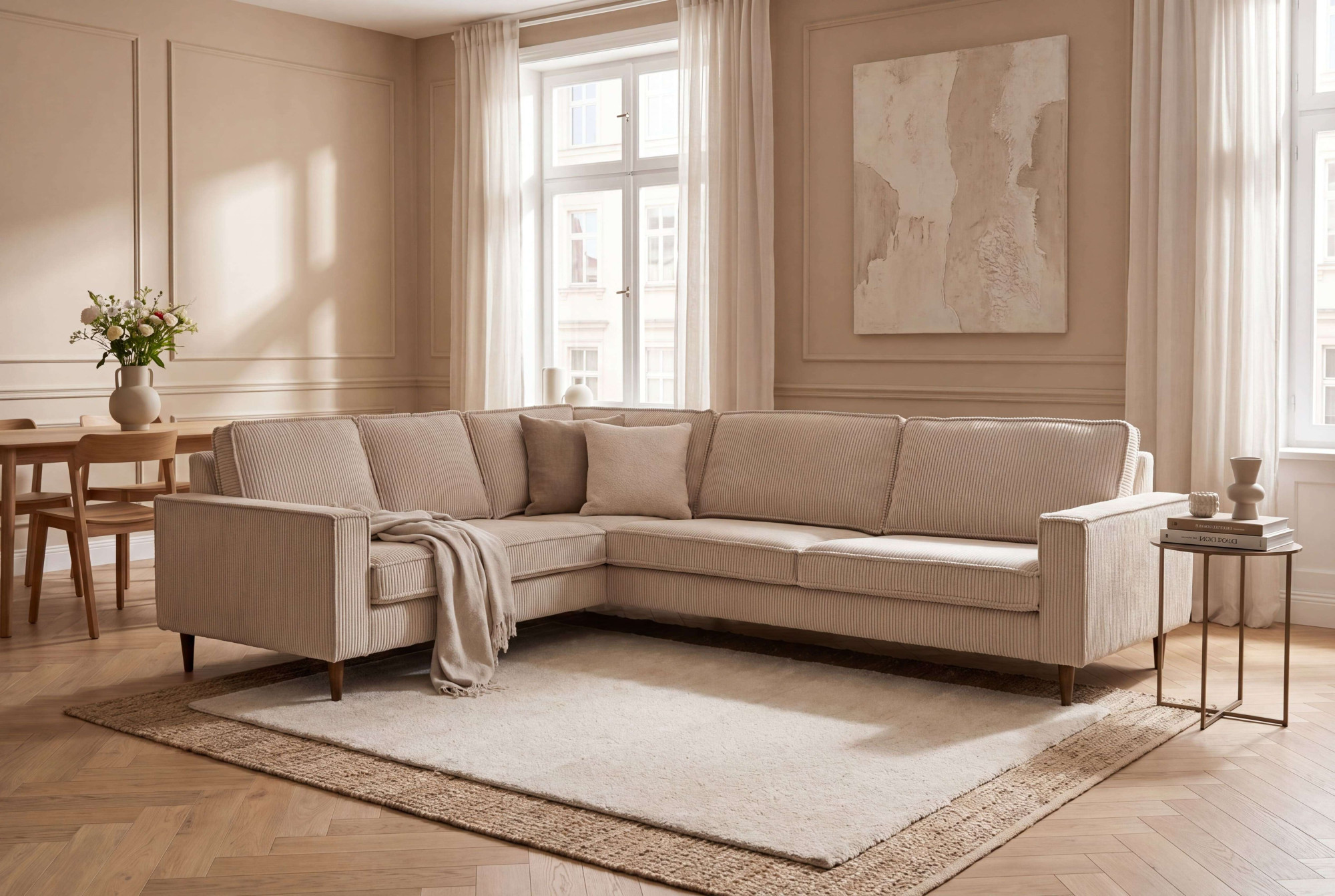 OTTO home Ecksofa "Pinto Skandi, 290 cm, Chenille, Struktur, Ottomane links / rechts" mit Keder, Massivholzfüße Eiche geräuchert, Wellenunterfederung