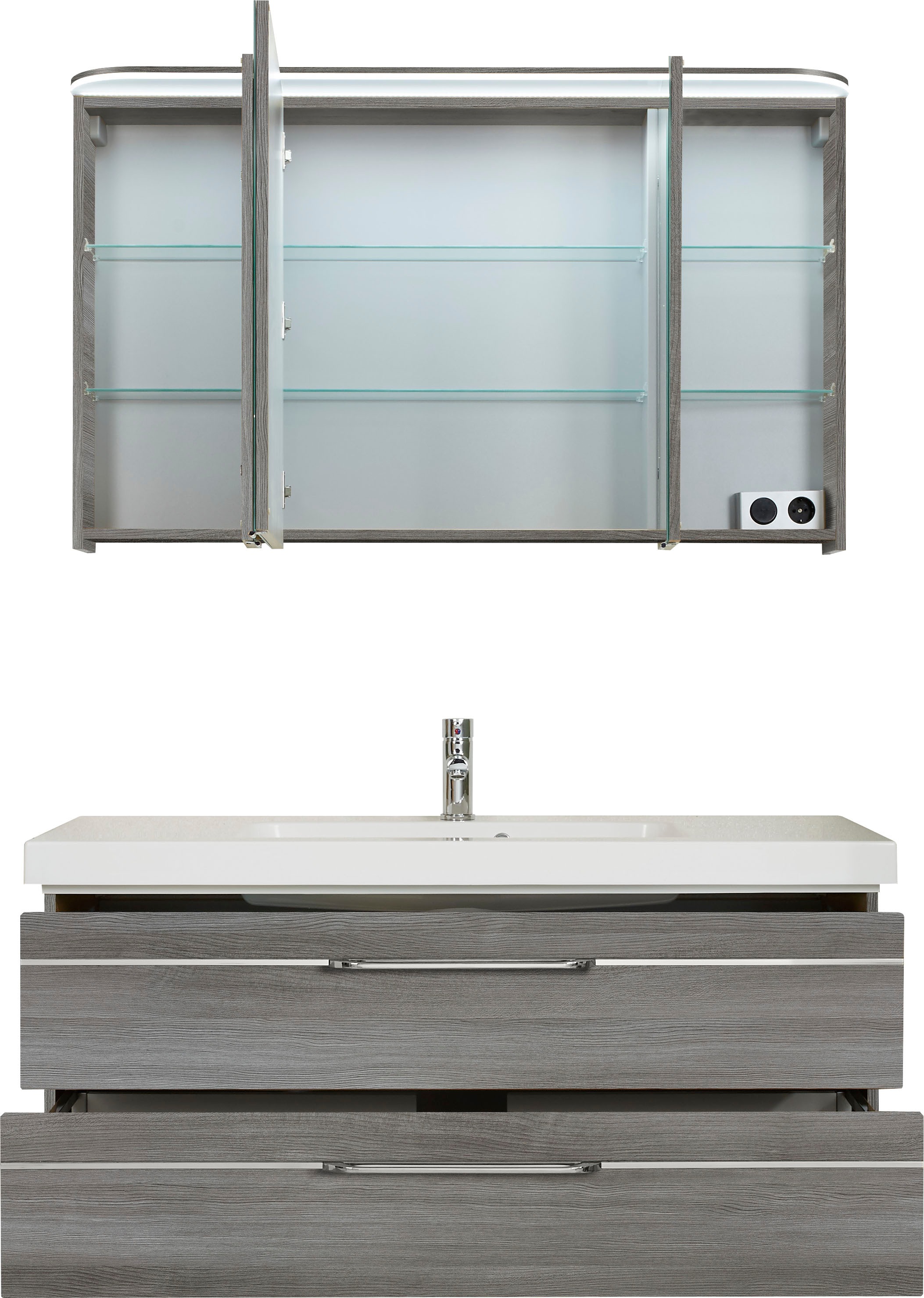 Saphir Badmöbel-Set »Balto Sprint 2-teilig, Mineralmarmor-Waschtisch mit LED-Spiegelschrank«, (2 St.), Badezimmer Set inkl. Türdämpfer, 3 Türen, 2 Schubladen