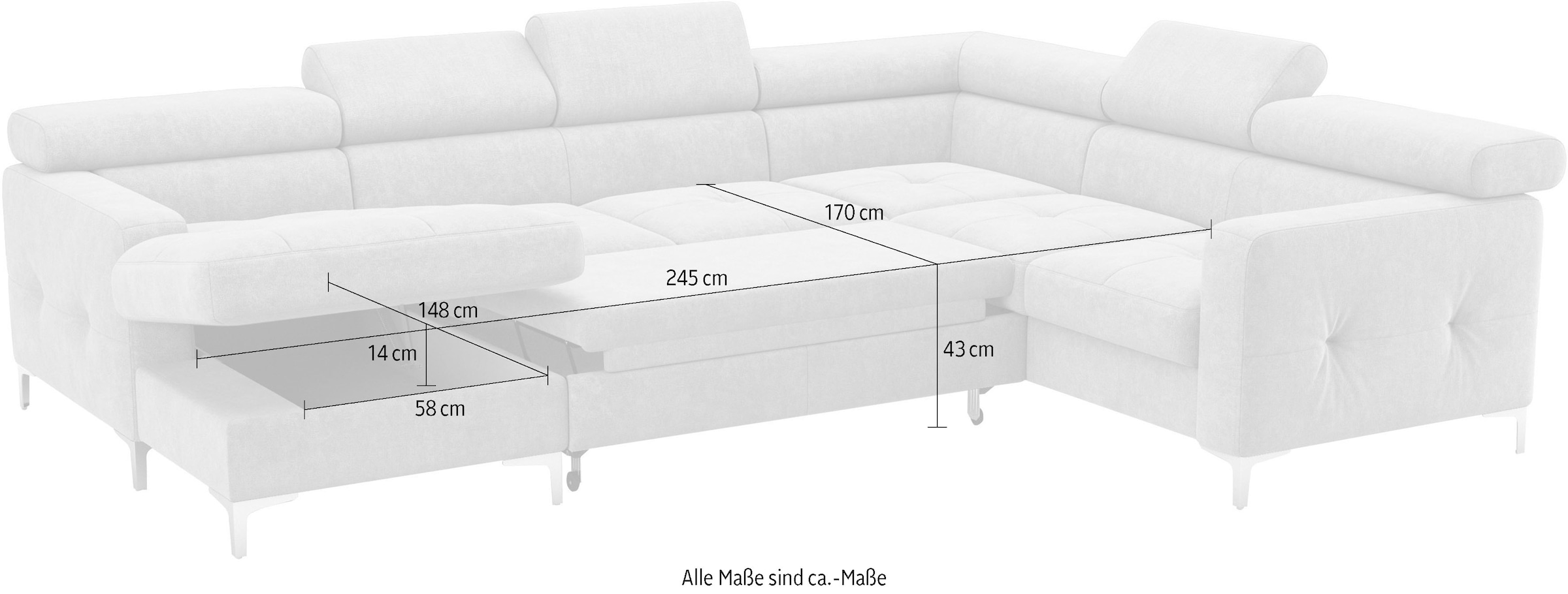 COTTA Wohnlandschaft »Sammy U-Form«, mit Kopfteilverstellung, optional mit Bettfunktion und Bettkasten