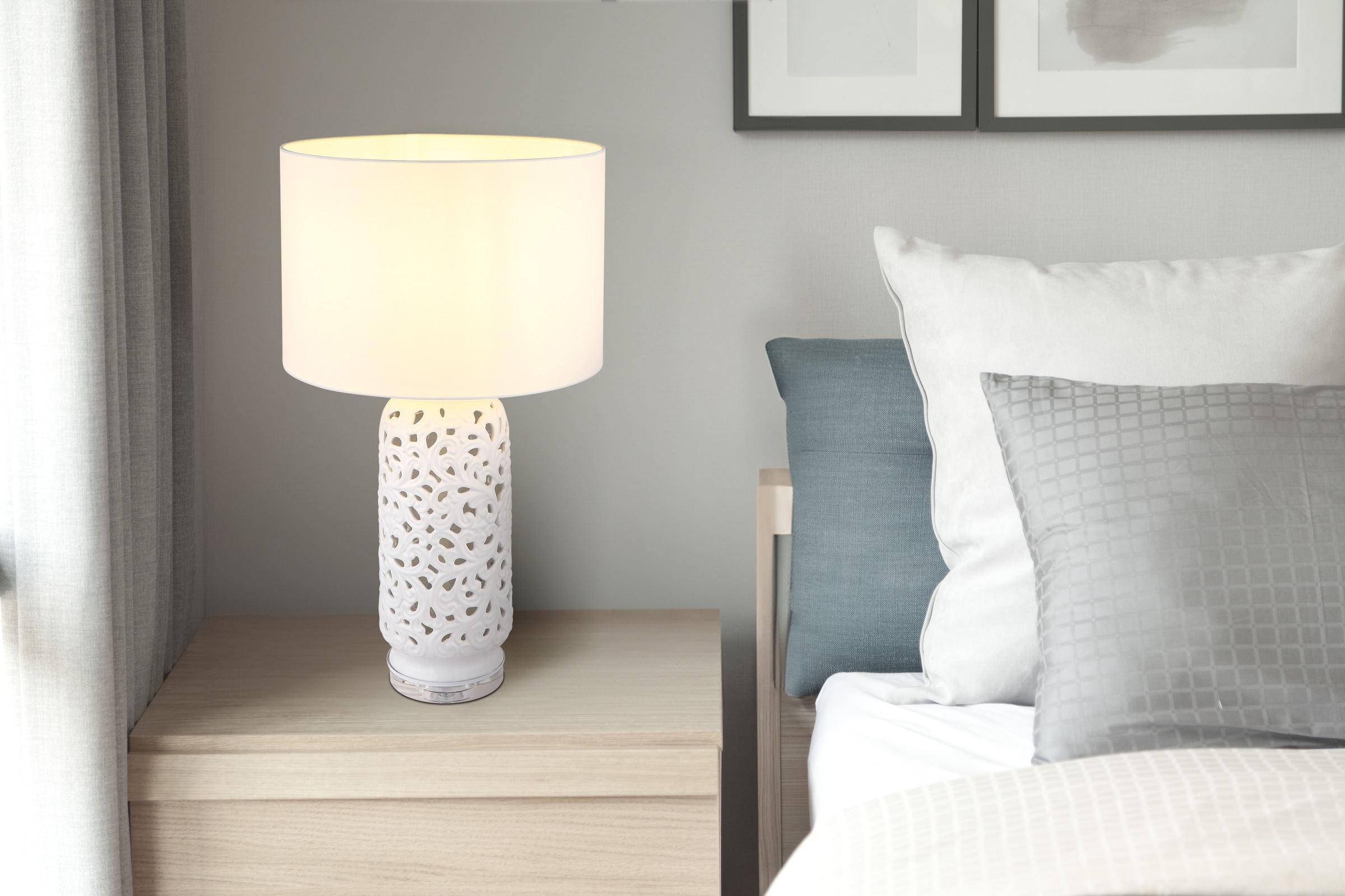 GLOBO LIGHTING Tischleuchte »SEBASTIAN«, Leuchtmittel E27 | ohne Leuchtmittel, Tischlampe/Schlafzimmer/Wohnzimmer/Textil weiß