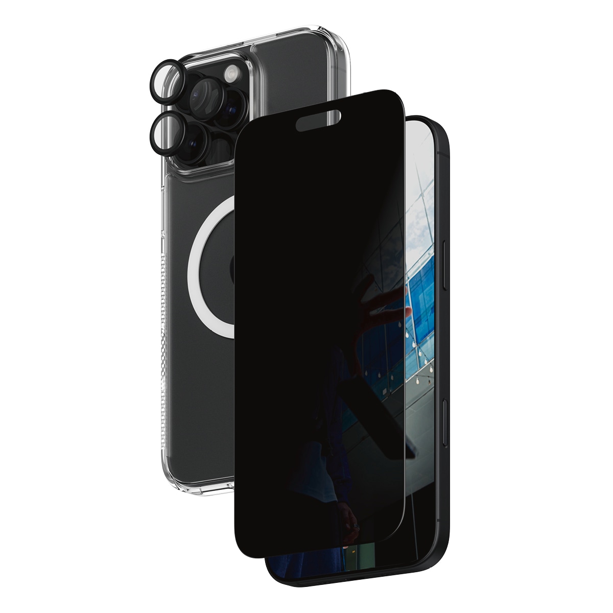 PanzerGlass Displayschutzglas »3-in-1 Privacy Protection, Glass, Hoops, Case«, für Apple iPhone 16 Pro Max, Displayschutzfolie, Schutzfolie, Bildschirmschutz, kratz- & stoßfest