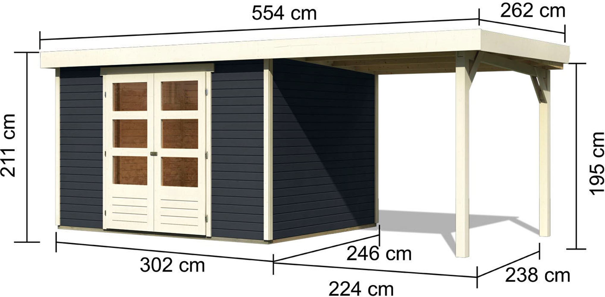 Karibu Gartenhaus »"Arnis 5" SET anthrazit mit Anbaudach 2,40 m Breite«, (Set), aus hochwertiger nordischer Fichte