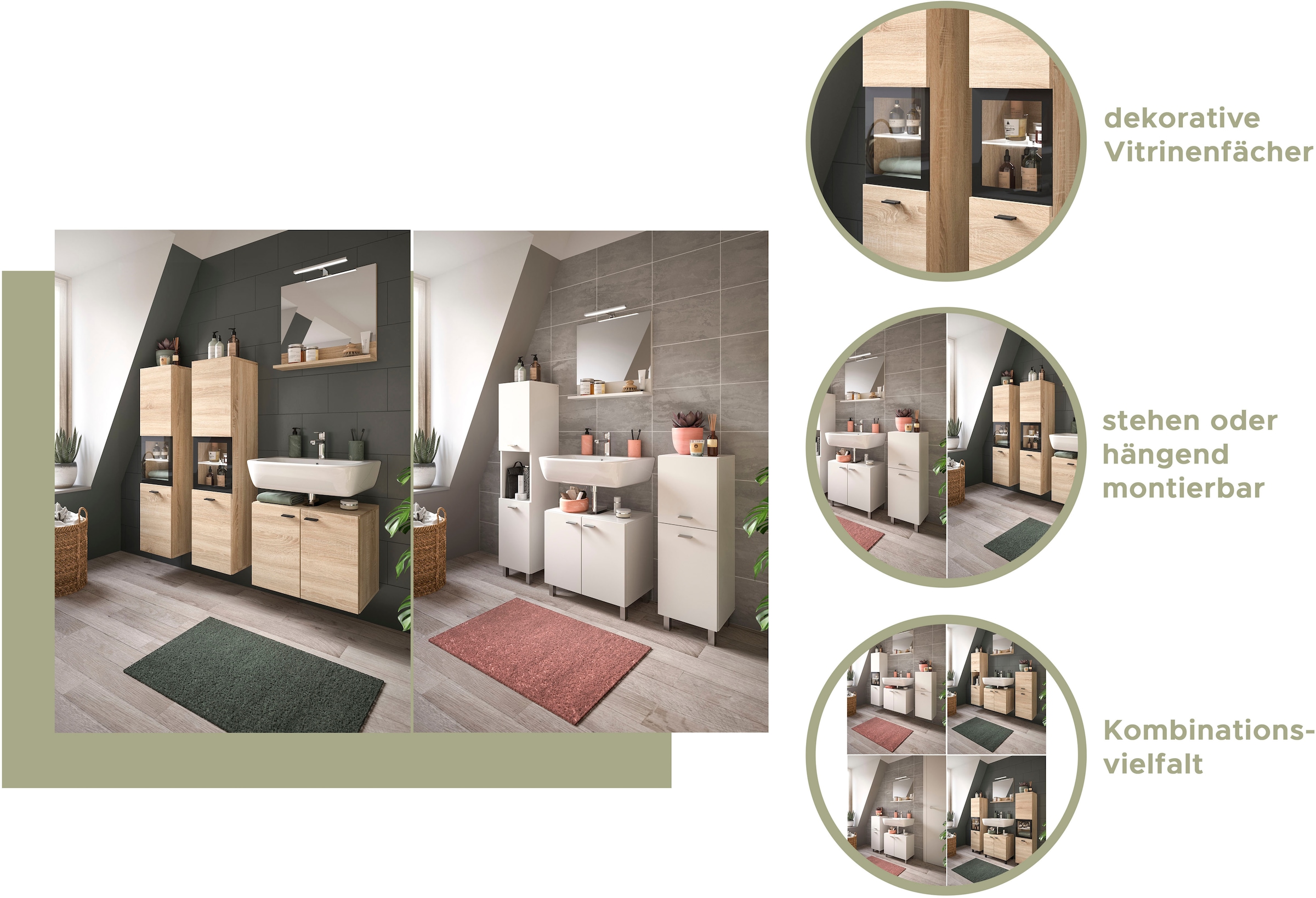 welltime Badmöbel-Set »Tampa, Breite 137cm, 4-teilig«, (4 St.), Waschbeckenunterschrank, Spiegel, Hochschrank