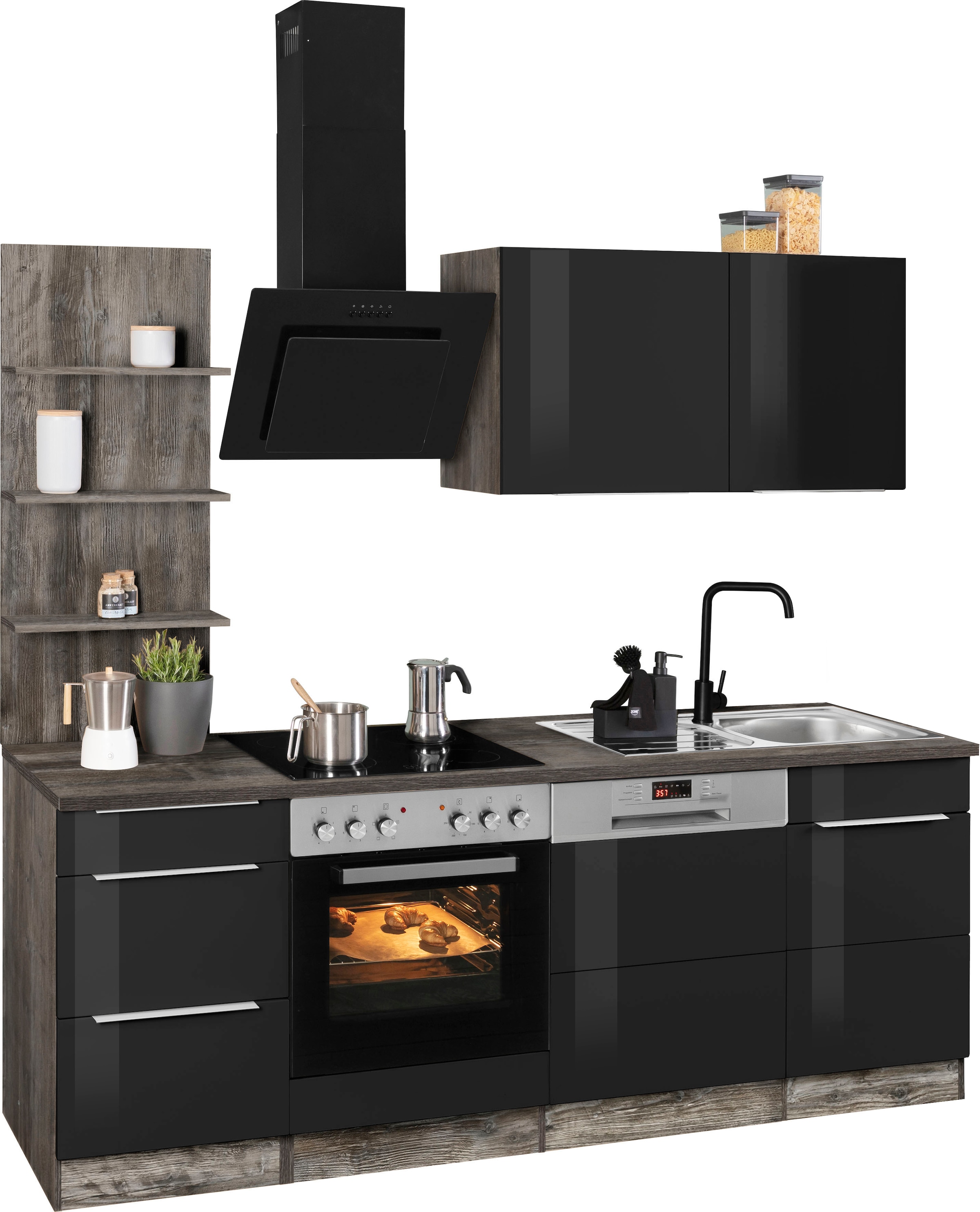 KOCHSTATION Küchenzeile »KS-Brindisi«, Breite 220 cm, wahlweise mit E-Geräten, mit MDF-Fronten und Regal