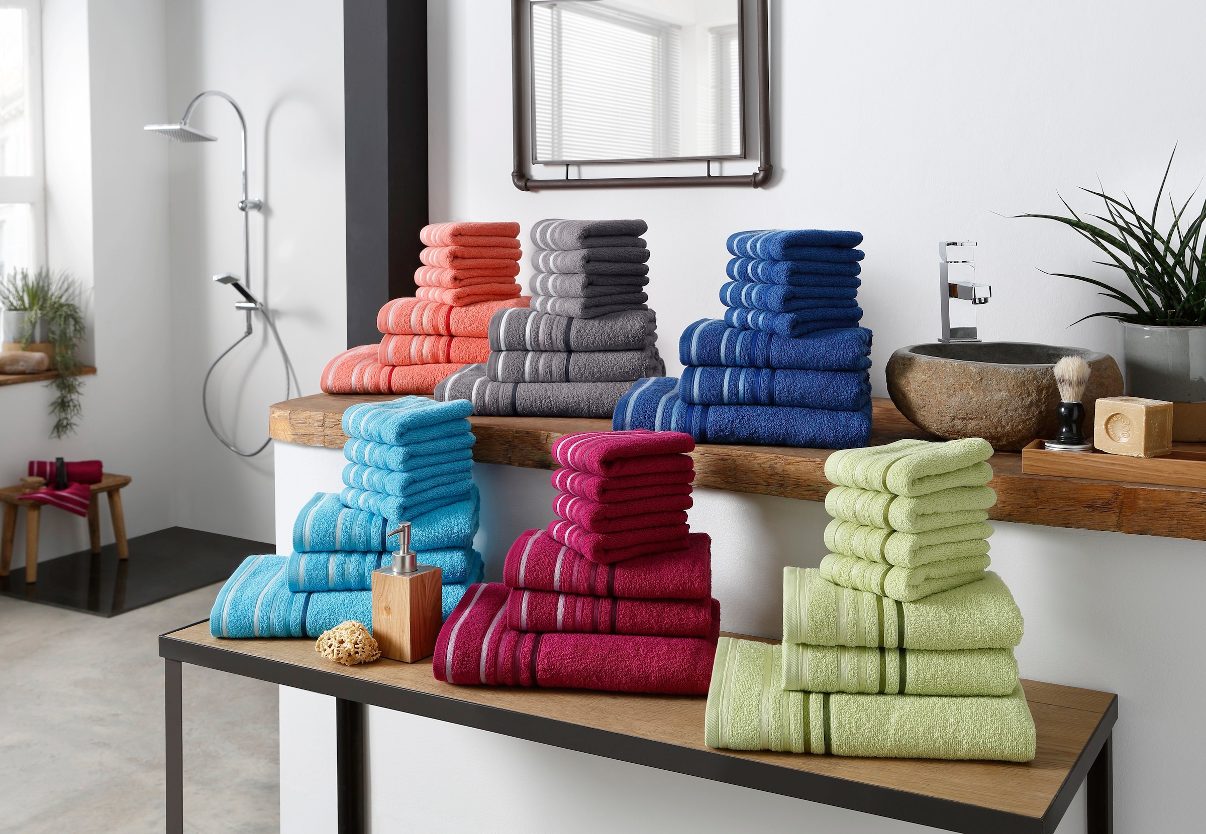 Handtuchset Baumwolle 7 Handtuch »Niki«, home my Rechnung Set mehrfarbiger auf Walkfrottee, Set, mit 100% | tlg., Streifenbordüre, aus BAUR