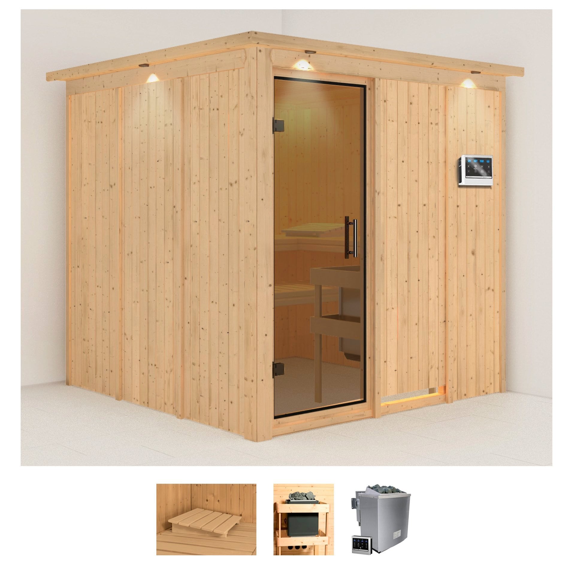 Karibu Sauna "Rodin" Set, Ofen 9 kW Bio externe Strg easy