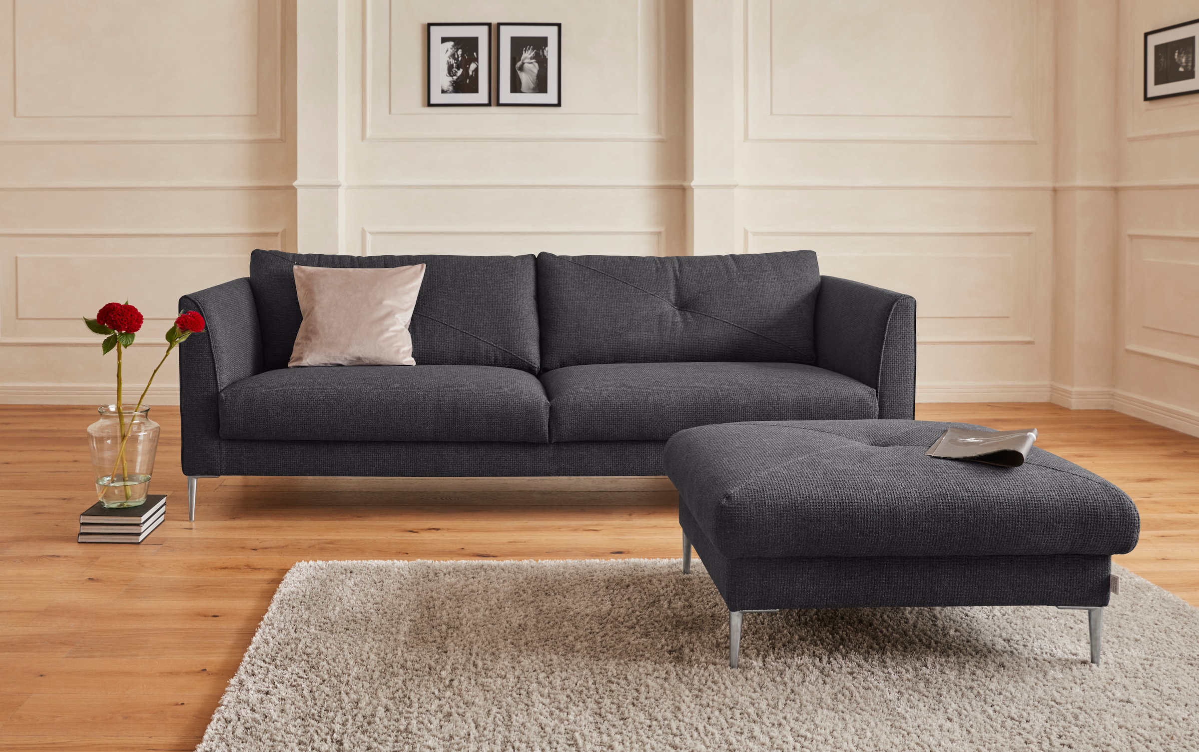 Guido Maria Kretschmer Home&Living Hocker »Chilltime, elegant und bequem durch Komfortsitzhöhe 46cm, hoher Fuß«, mit eleganter Kreuznaht auf der Sitzfläche