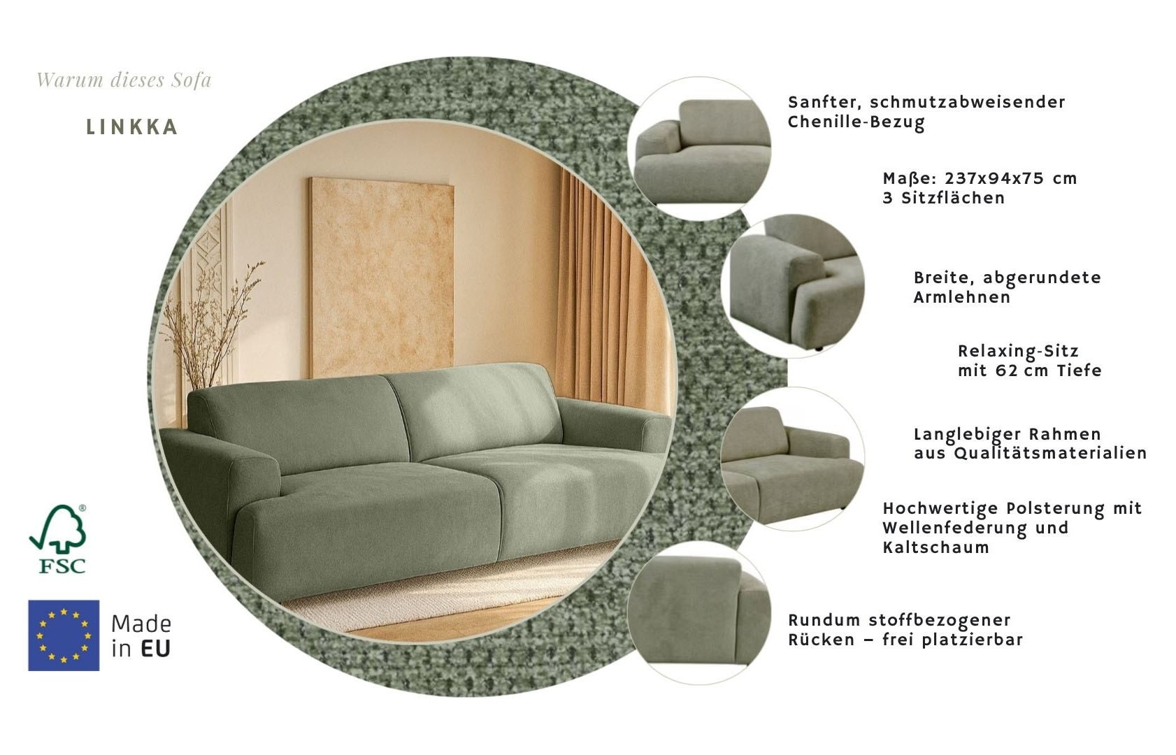 Home affaire 3-Sitzer »Linkka, Breite 237 cm« in einem weichen Chenille-Stoff, mit Wellenunterfederung