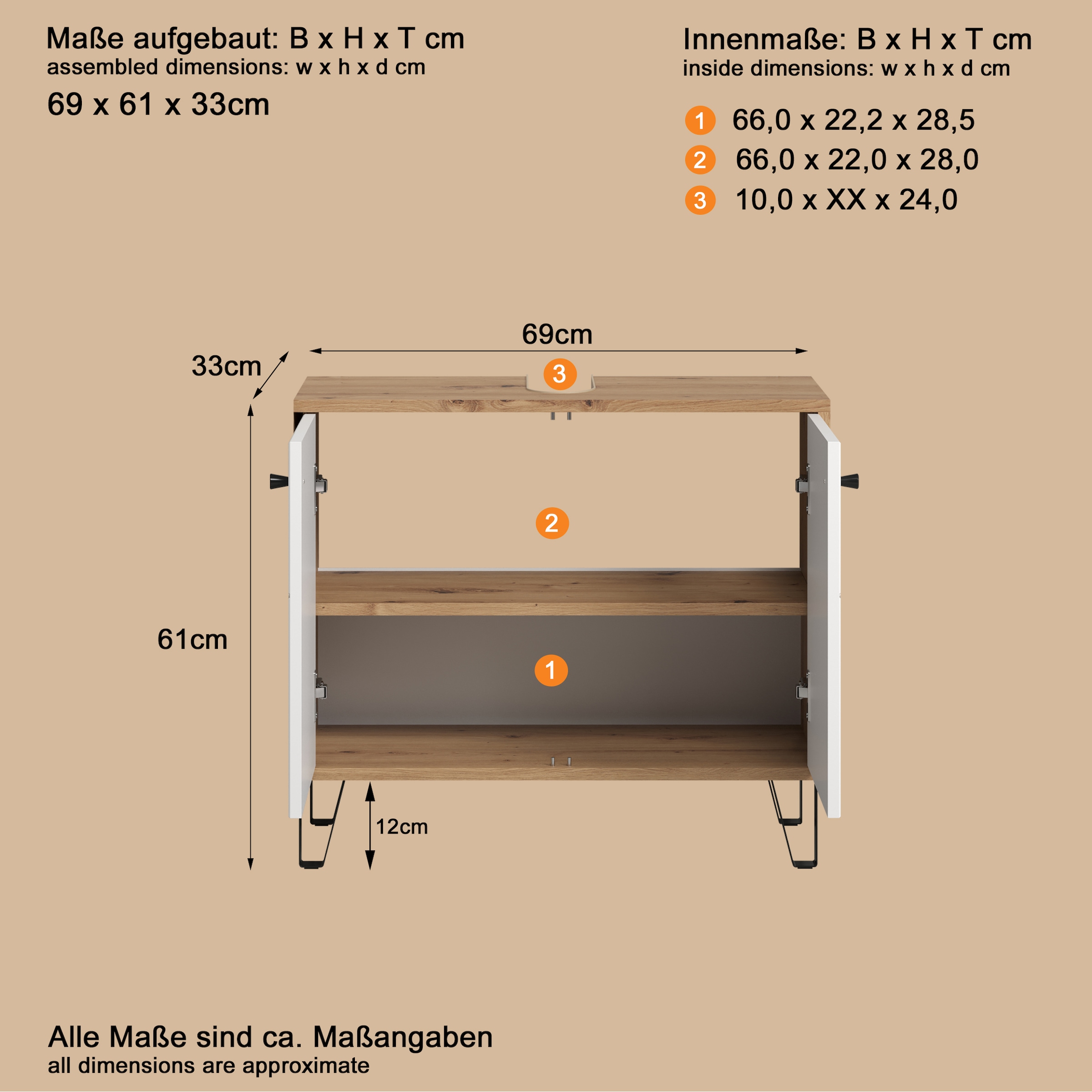 PLACES OF STYLE Waschbeckenunterschrank »Tarragona« 1 Stk. tlg. Waschbeckenunterschrank mit 2 Türen - (B/T/H) 69/32/61 cm