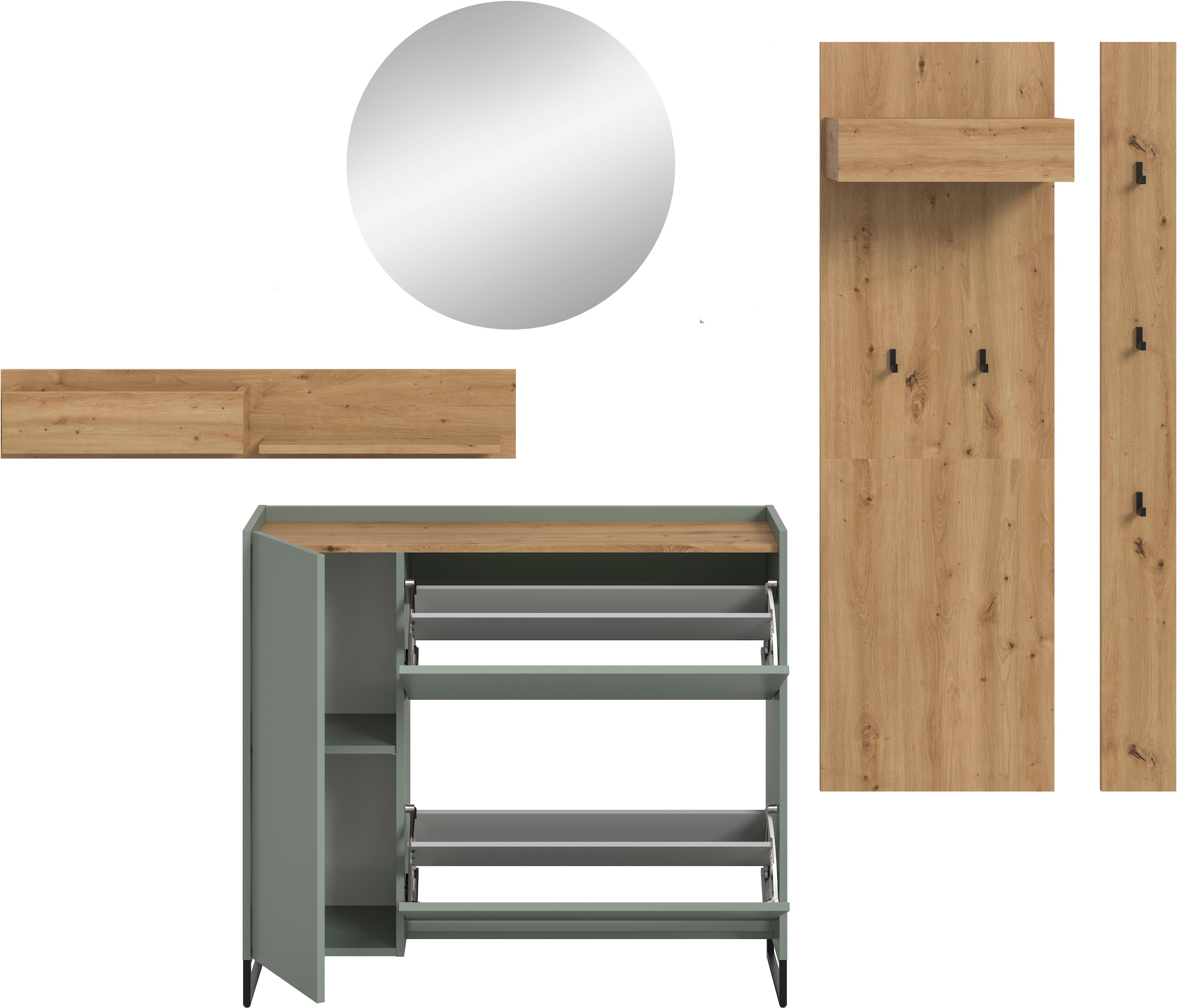INOSIGN Garderoben-Set »EVRID, 5-teilig, Breite 236 cm, individuell stellbar & erweiterbar« best. aus.: Wandboard, Kommode, Spiegel, Garderobenpaneel, Hakenleiste, 5 Stk. tlg.