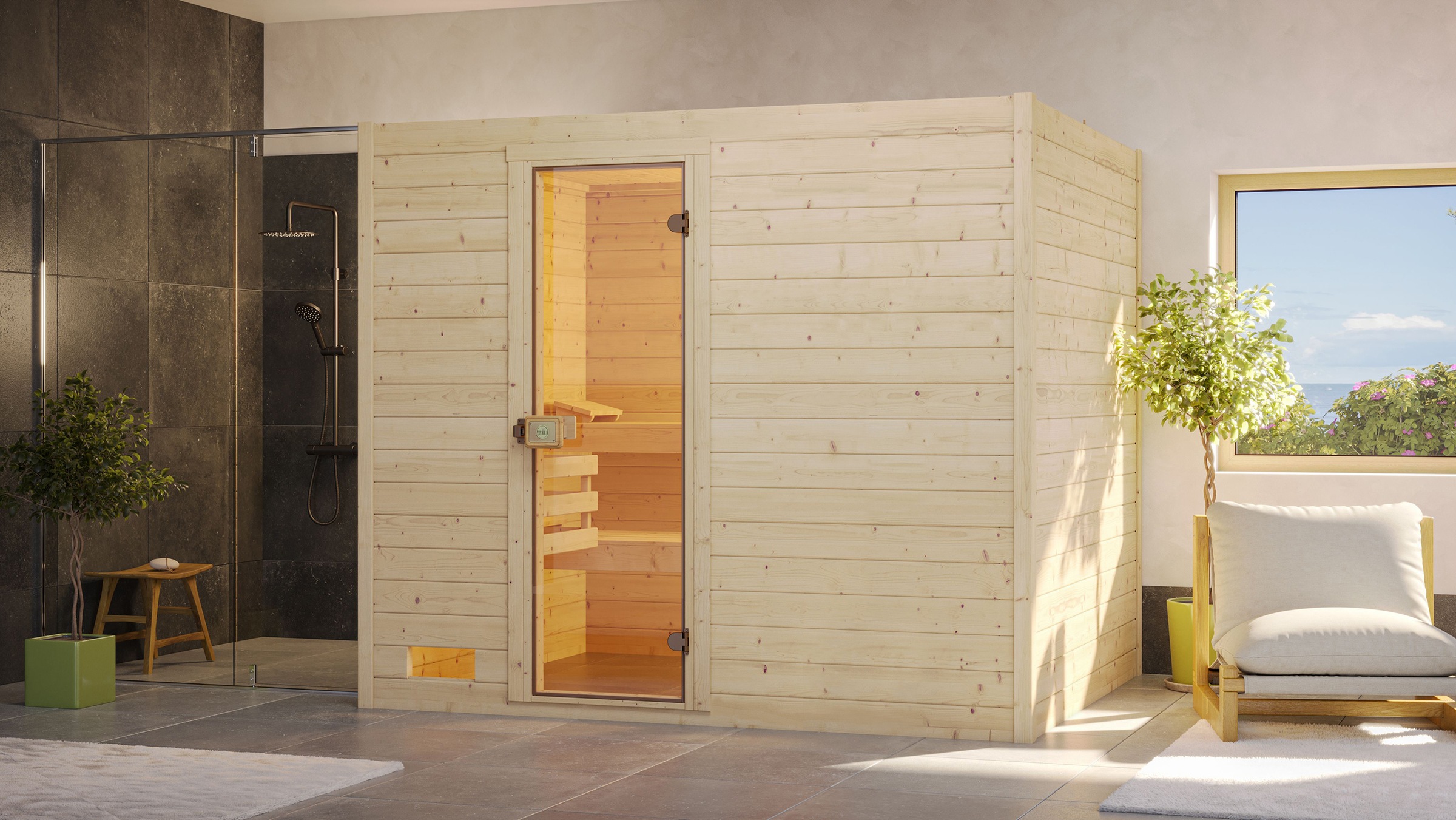 weka Sauna »Massivholzsauna VALIDA 4«, Blockbohlen, moderne Ganzglastür