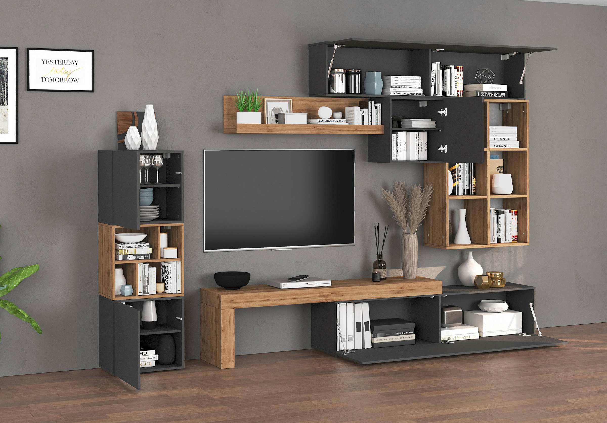 INOSIGN Wohnwand »Chronos Wohnwand, Medienwand, 8-er set«, (Set, 8 St.), ca. 320 cm mit Hängeschränke, Würfel, Regal, Lowboard, Made in Italy