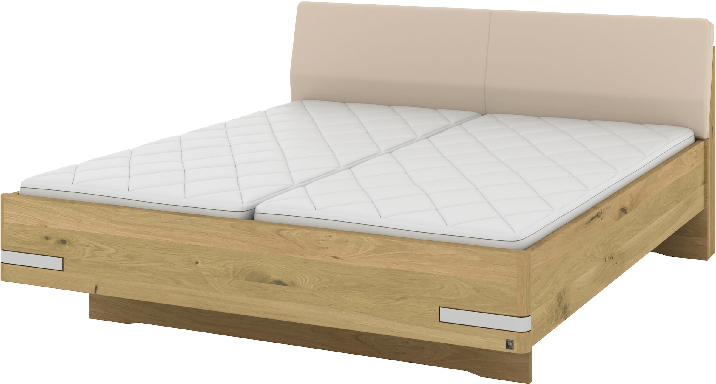 Musterring Holzbett »Savona, Bettgestell, Bettrahmen, teilmassiv Bianco-Eiche«, (Belastbarkeit 220 Kg, 4-fache Liegehöhenverstellung, MADE IN GERMANY), Kopfteil Kunstleder Champagner, Details in Chrom, verschiedene Größen