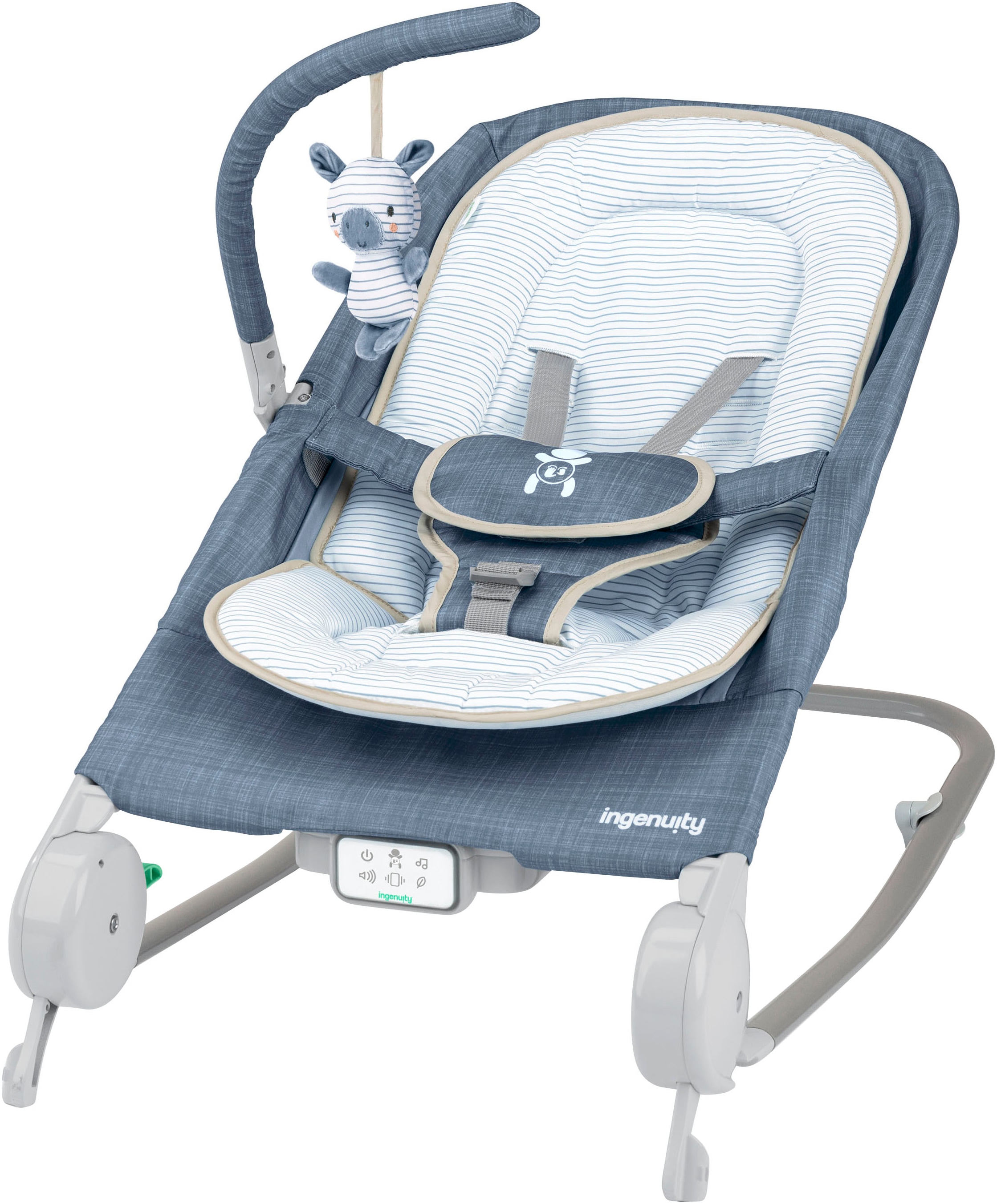 ingenuity Babywippe "Happy Belly™ Rock-to-Bounce Massage Seat - Chambray" bis 9 kg mit Melodien und Geräuschen