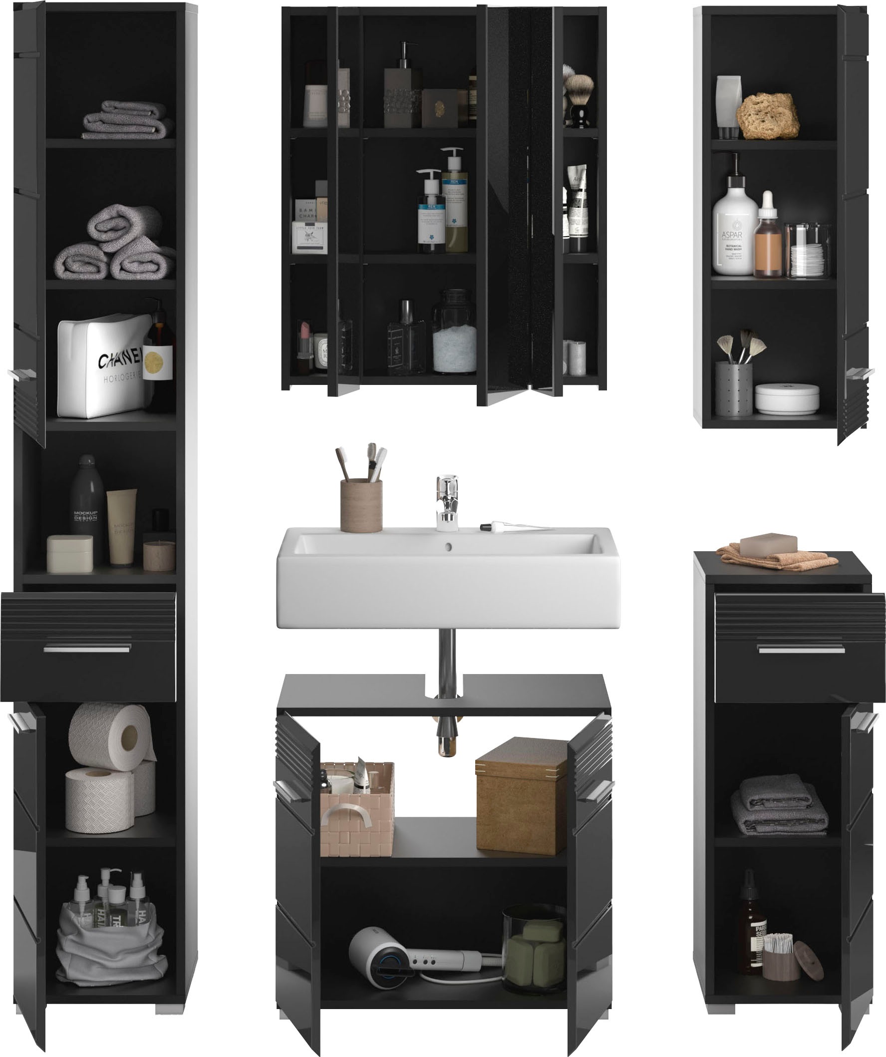 Thumbnail - Home affaire Badmöbel-Set "Malmö, 5 teilig, inklusive LED Beleuchtung, bestehend aus:" 5 Stk. tlg.